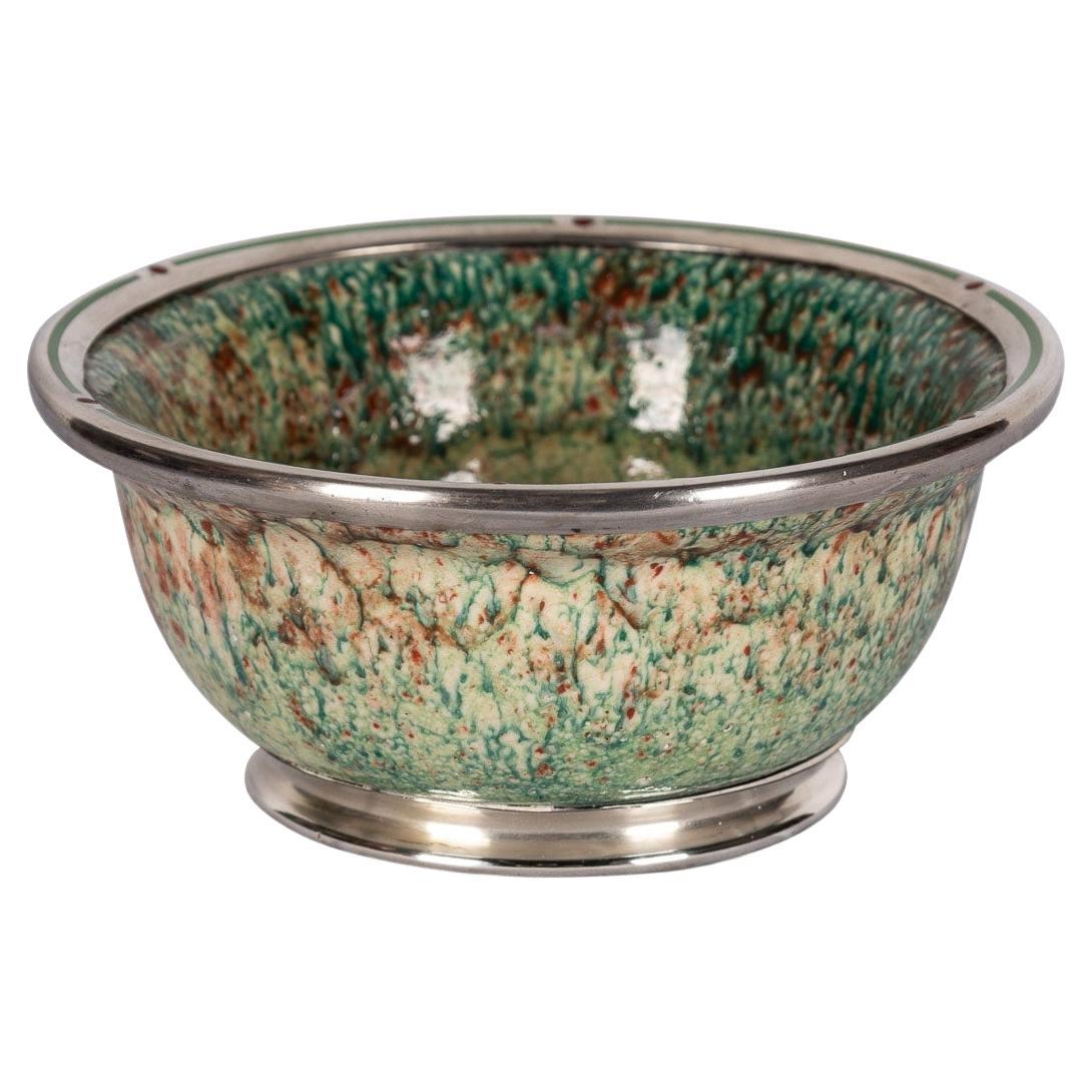 20th Century French Flambé Glaze Pottery & Silver Mounted Bowl, c.1900 For Sale