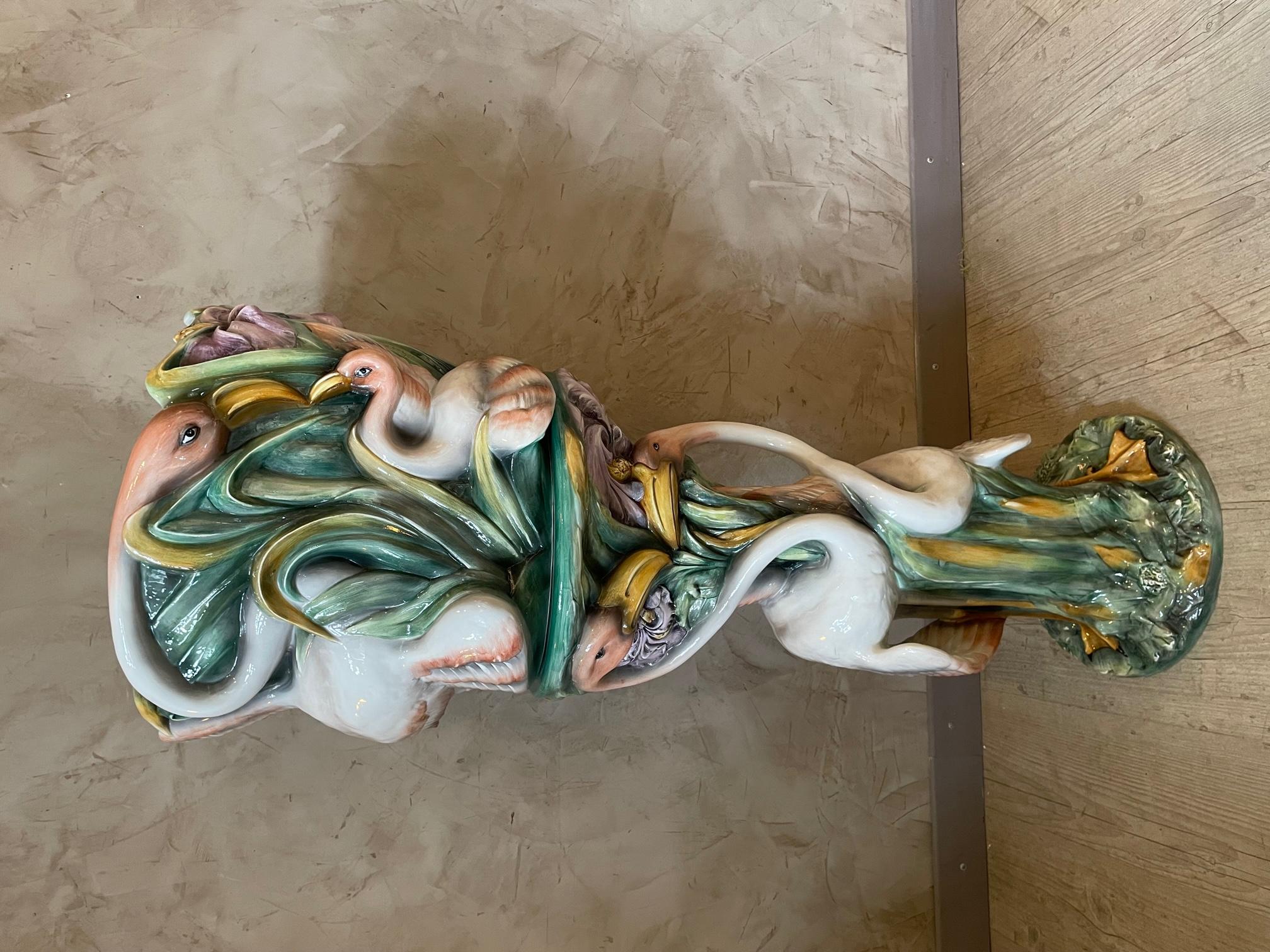 Very nice ceramic Barbotine column and cachepot representing flamingos with flowers. 
The two are separated, the column and the cachepot. 
Very good quality and condition. Very decorative. 
In the taste of Massier.