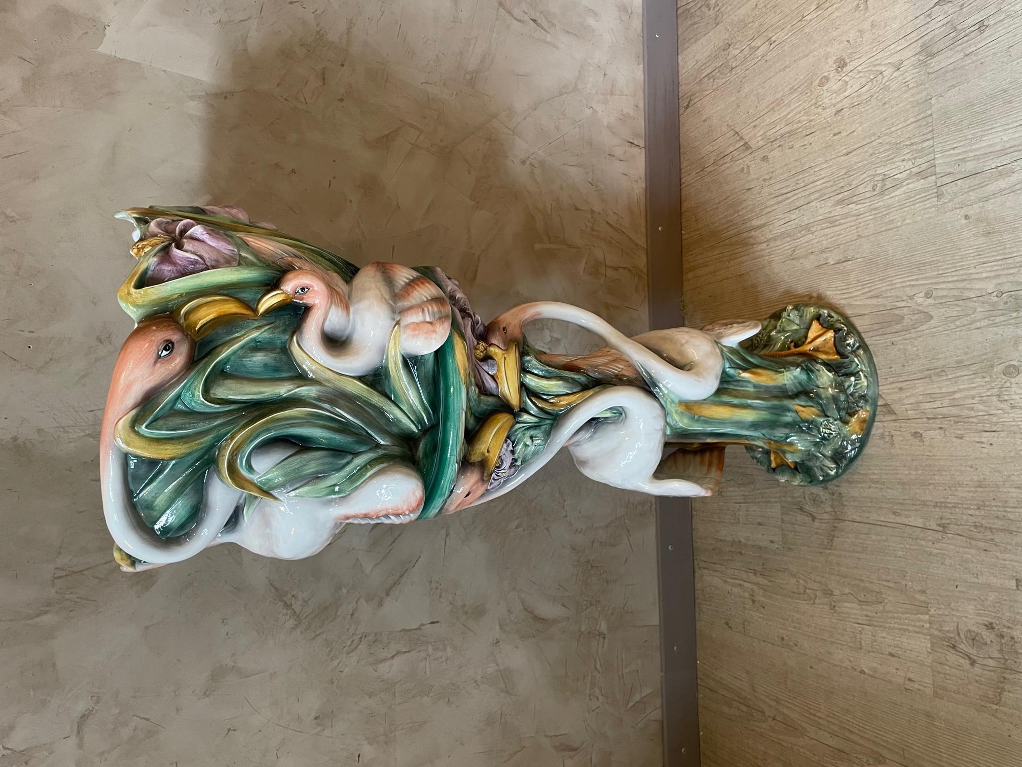 20th Century French Flamingo Ceramic Column and Cachepot, 1960s In Good Condition For Sale In LEGNY, FR