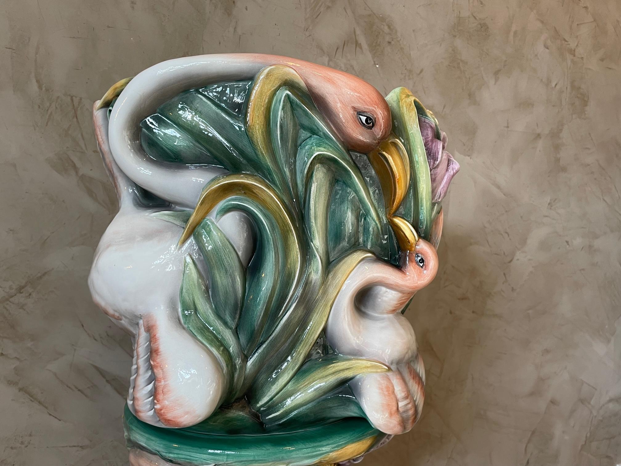 20th Century French Flamingo Ceramic Column and Cachepot, 1960s For Sale 1