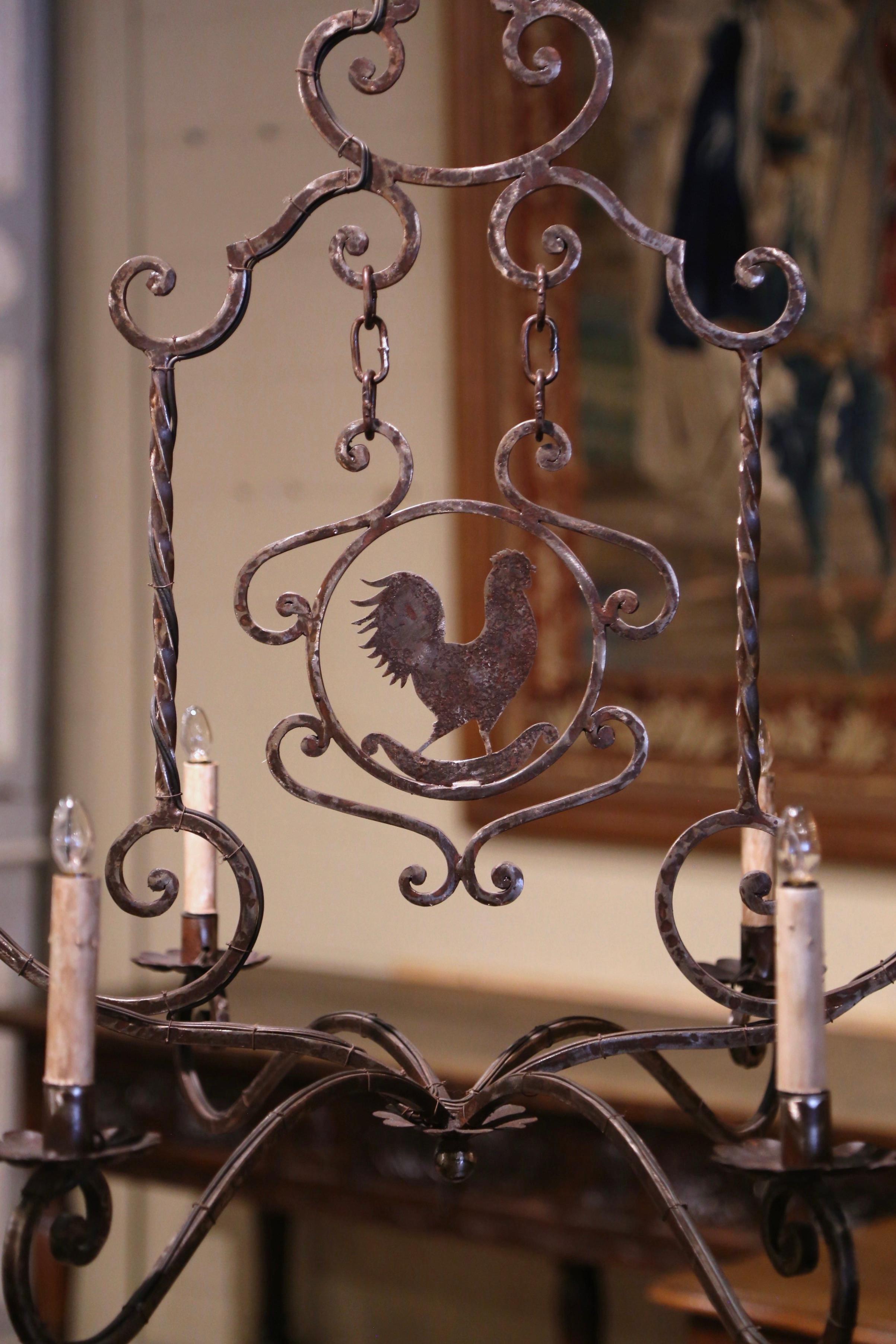 Louis XV 20th Century French Forged Polished Iron Six-Light Rooster Chandelier For Sale