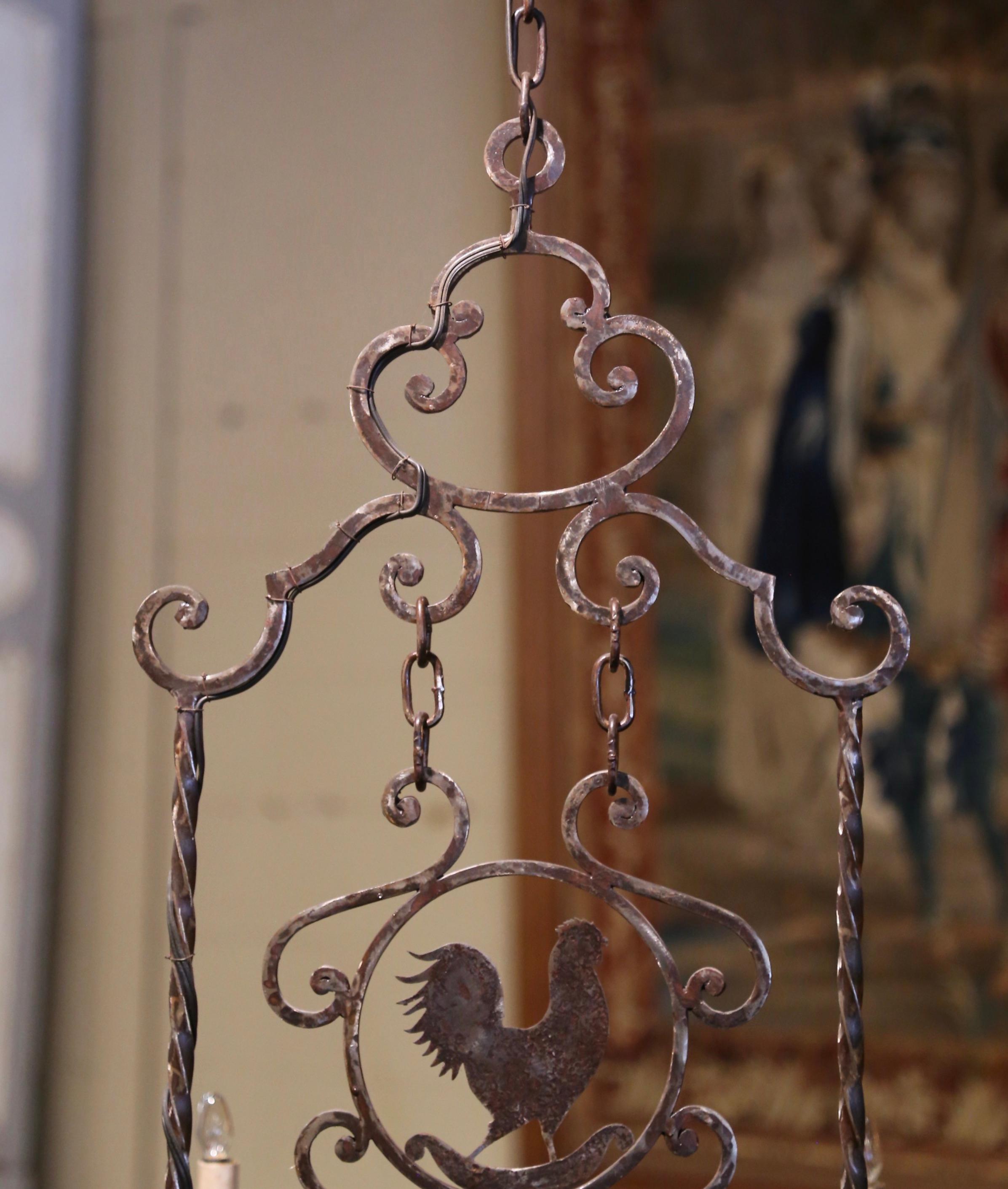 20th Century French Forged Polished Iron Six-Light Rooster Chandelier In Excellent Condition For Sale In Dallas, TX