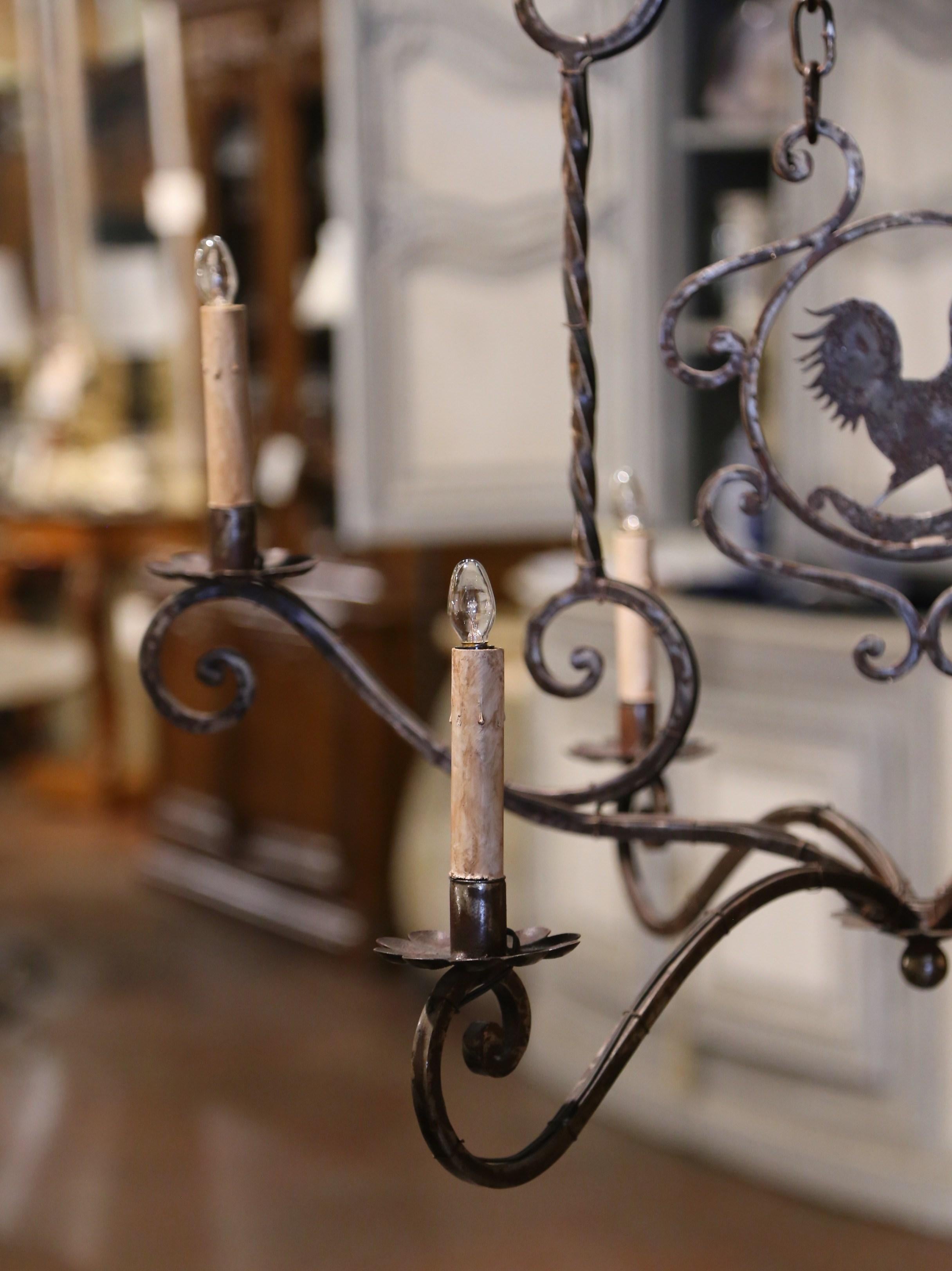 20th Century French Forged Polished Iron Six-Light Rooster Chandelier For Sale 1