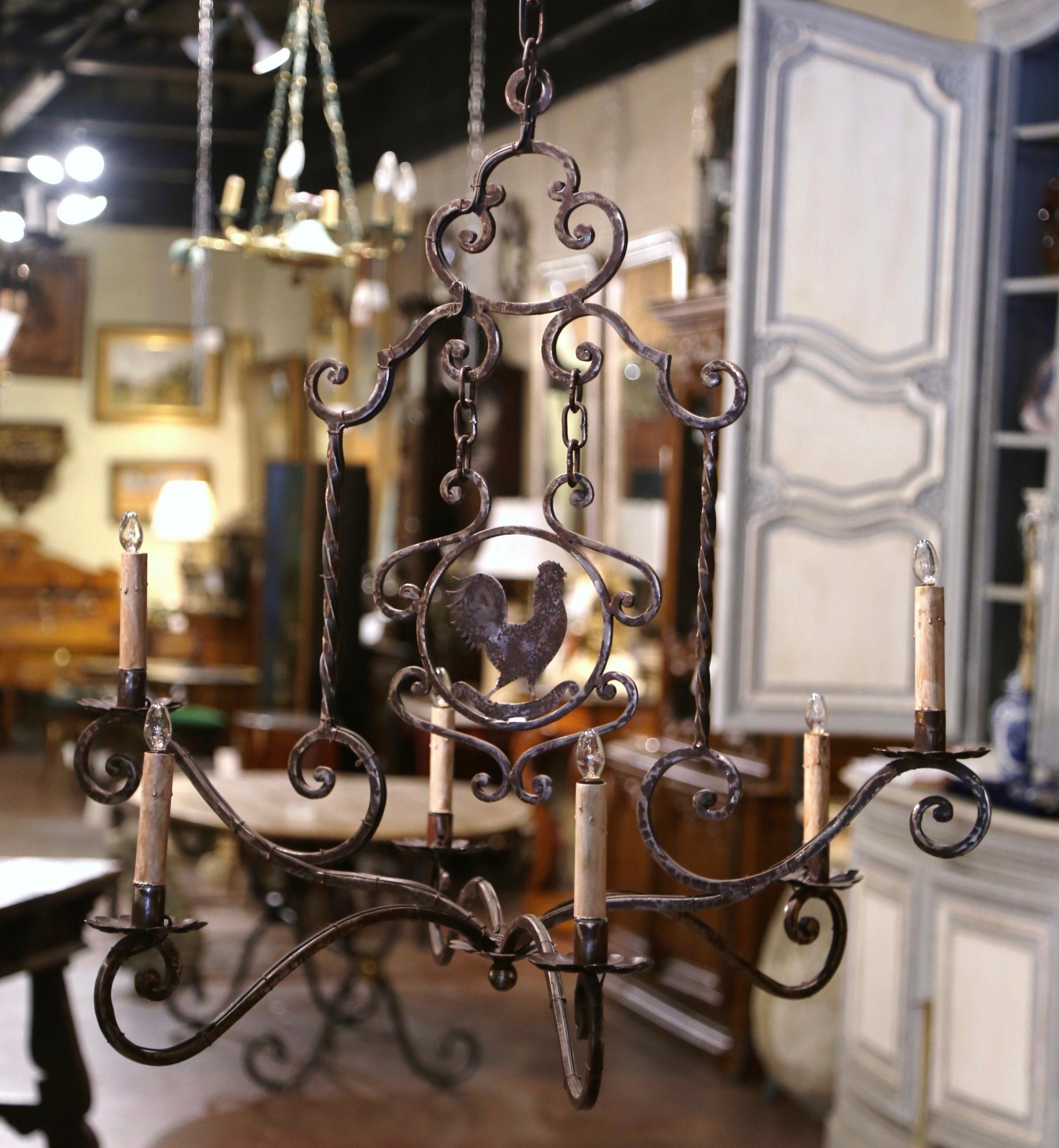 20th Century French Forged Polished Iron Six-Light Rooster Chandelier For Sale 2