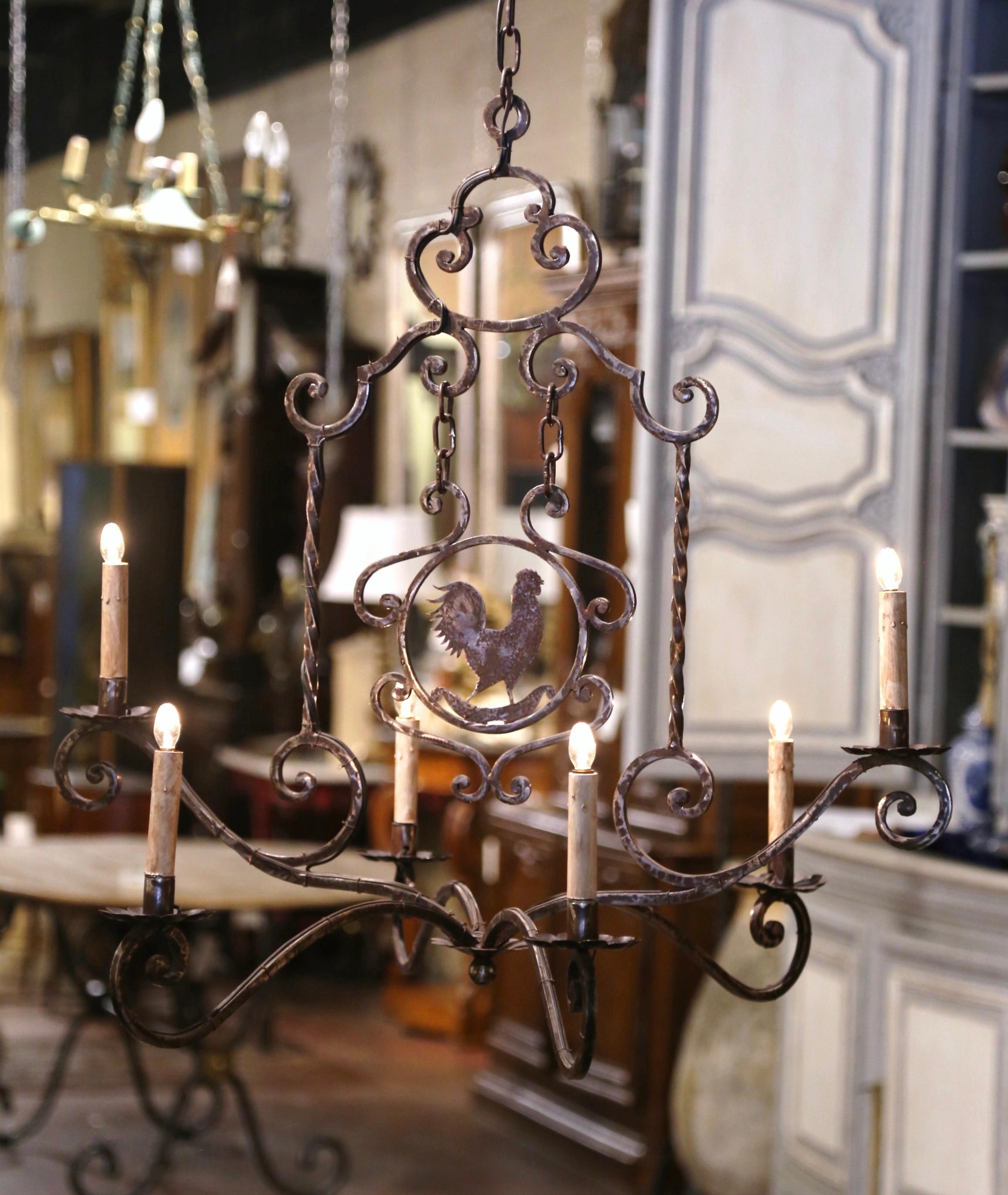 20th Century French Forged Polished Iron Six-Light Rooster Chandelier For Sale 3