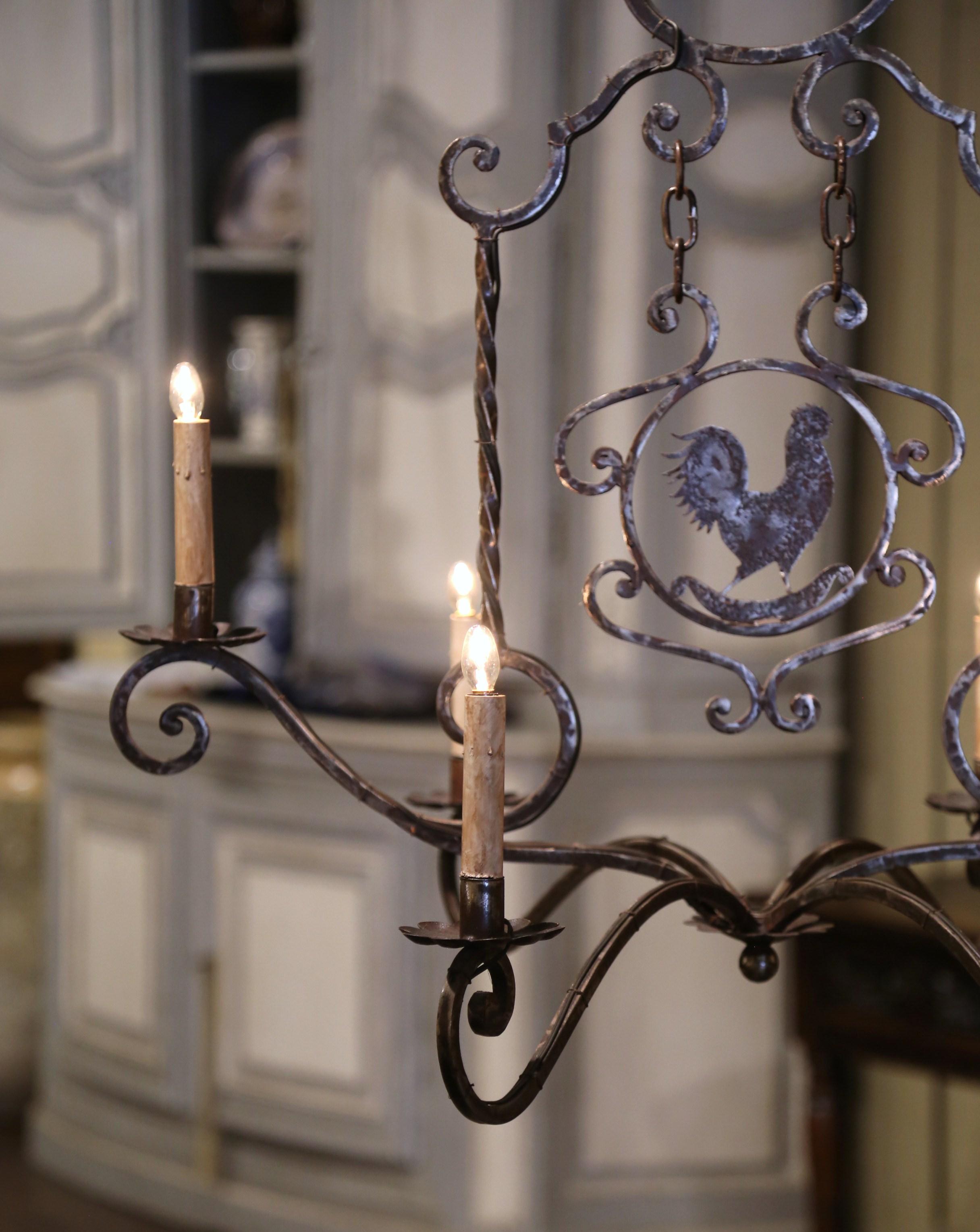 20th Century French Forged Polished Iron Six-Light Rooster Chandelier For Sale 4