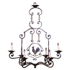 Vintage 20th Century French Forged Polished Iron Six-Light Rooster Chandelier