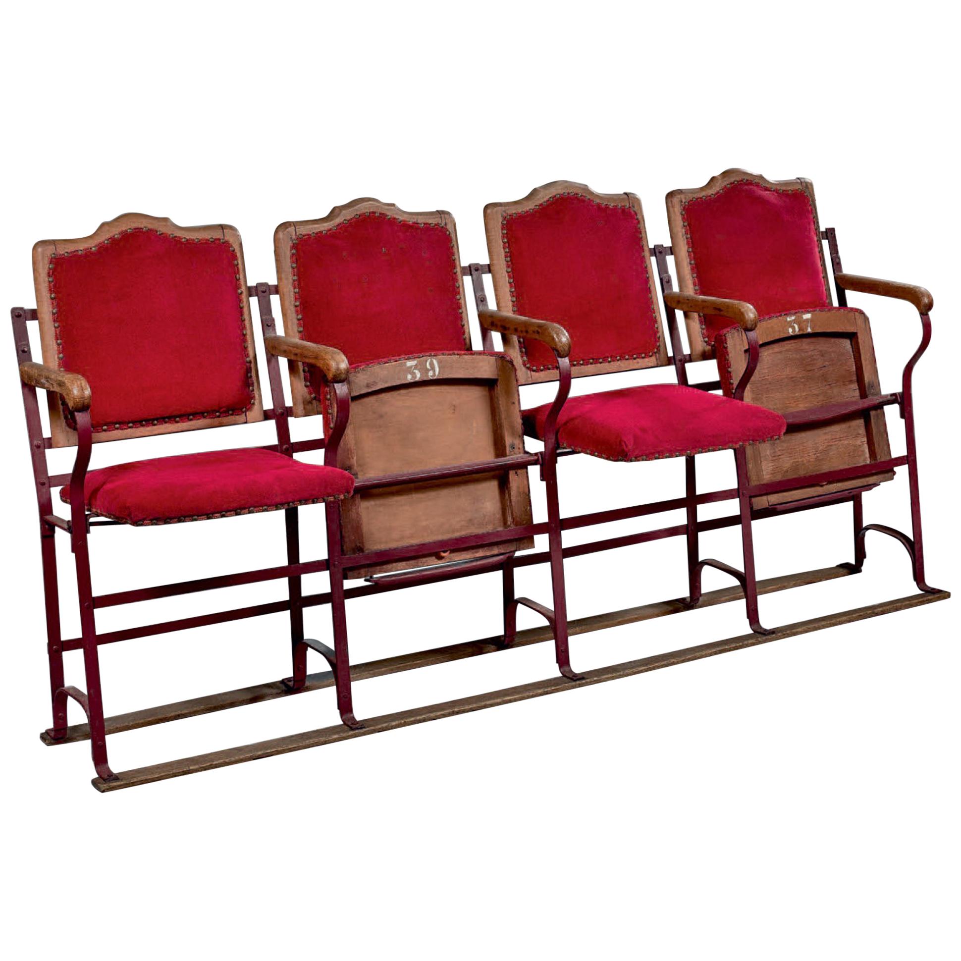 20th Century French Four Seater Cinema Seats in Wood and Metal in Red Velvet