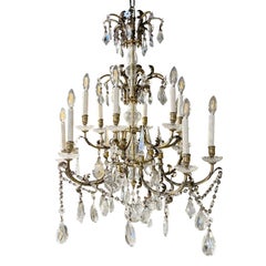 20th Century French Four Tiered Bronze Chandelier, Clear Crystal Glass Pendant