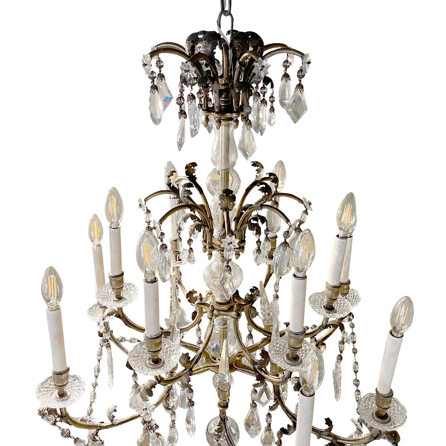 Art Deco 20th Century French Four Tiered Bronze Chandelier, Clear Crystal Glass Pendant For Sale
