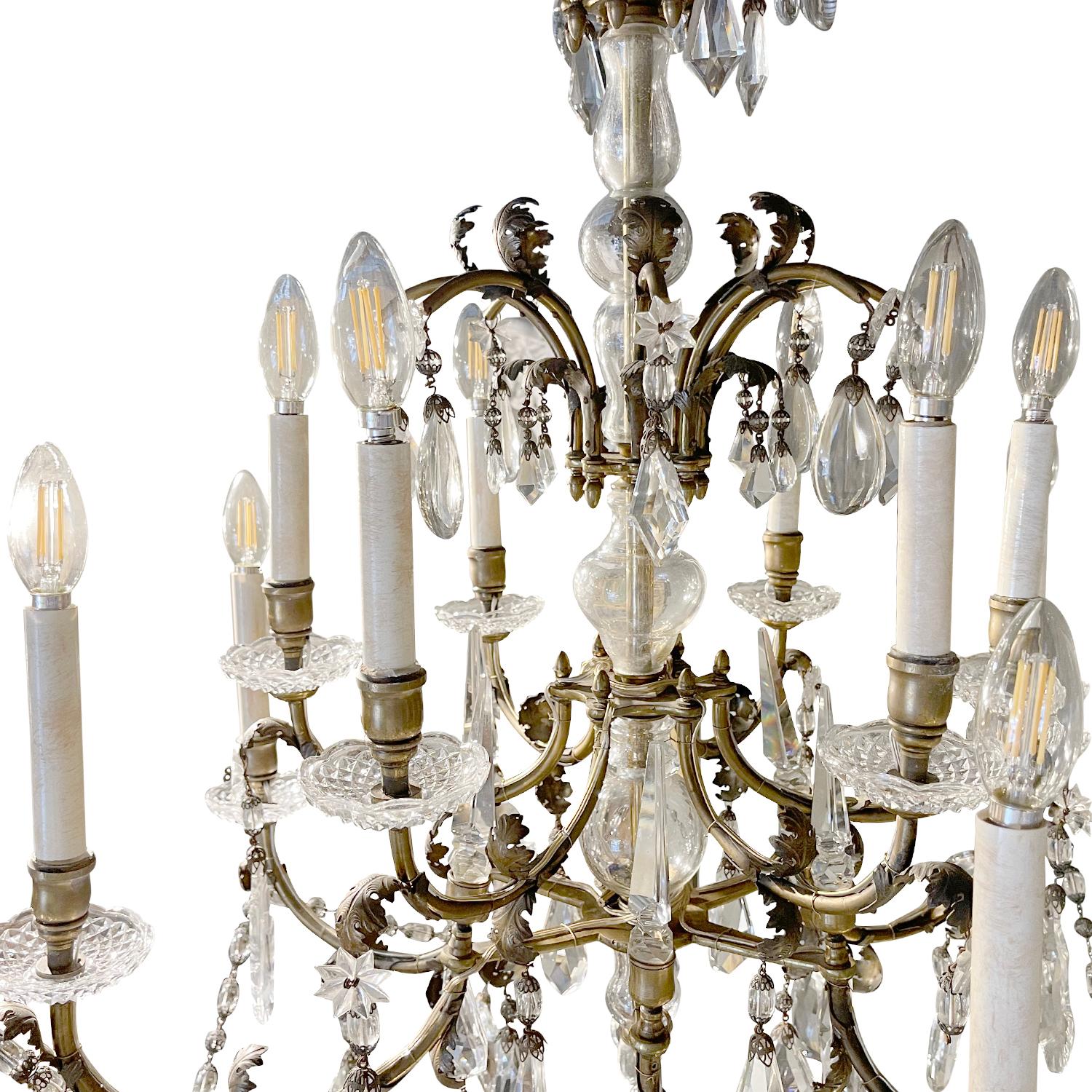 Hand-Crafted 20th Century French Four Tiered Bronze Chandelier, Clear Crystal Glass Pendant For Sale