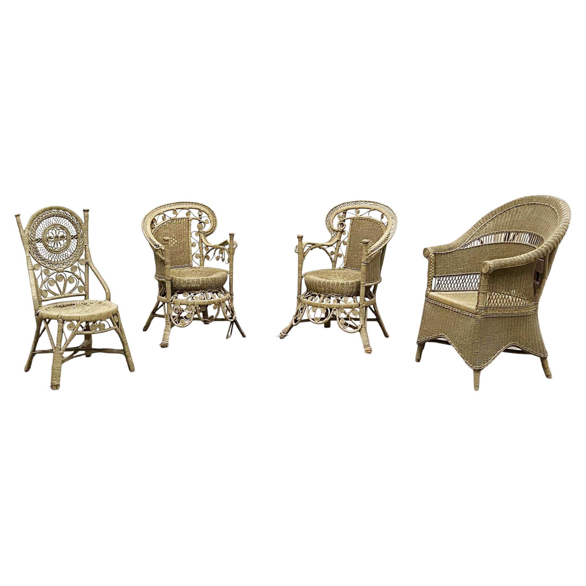 20th Century French Garden Chairs in Painted Cane with Different Shapes