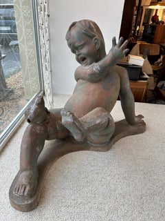 20th century French Garden Ornament Metal Cherub and Frog, 1980s