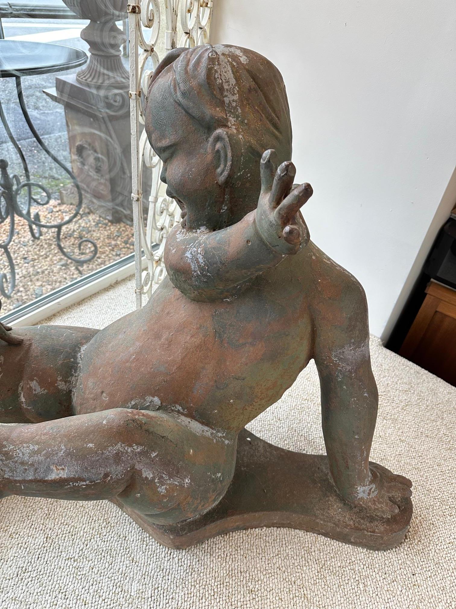 20th century French Garden Ornament Metal Cherub and Frog, 1980s For Sale 1