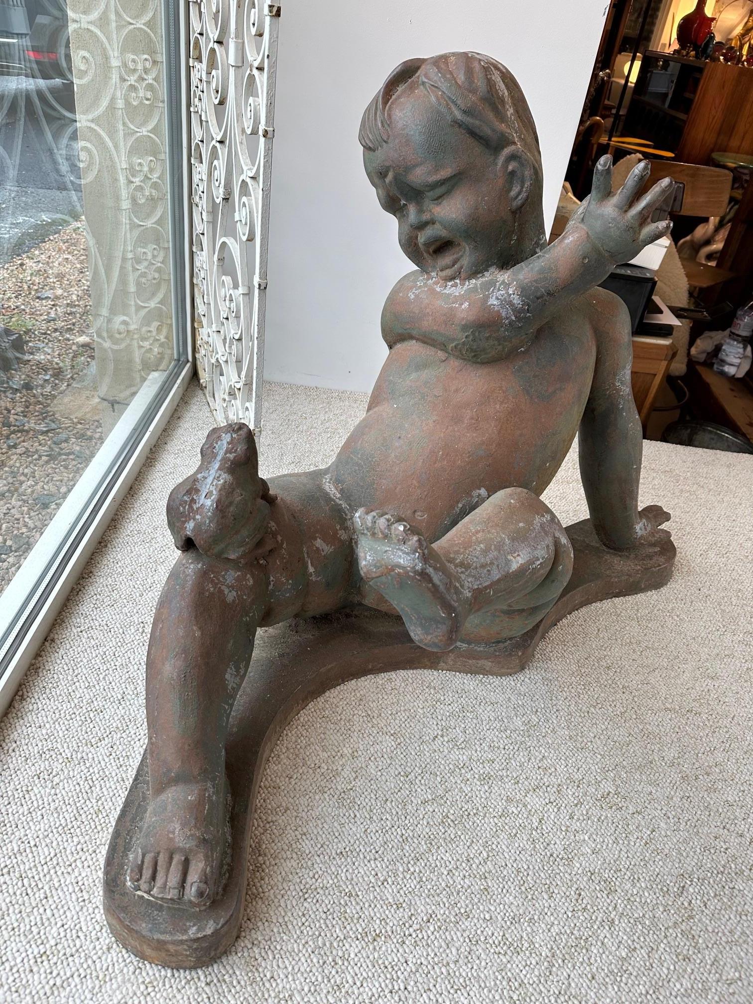 20th century French Garden Ornament Metal Cherub and Frog, 1980s For Sale 2