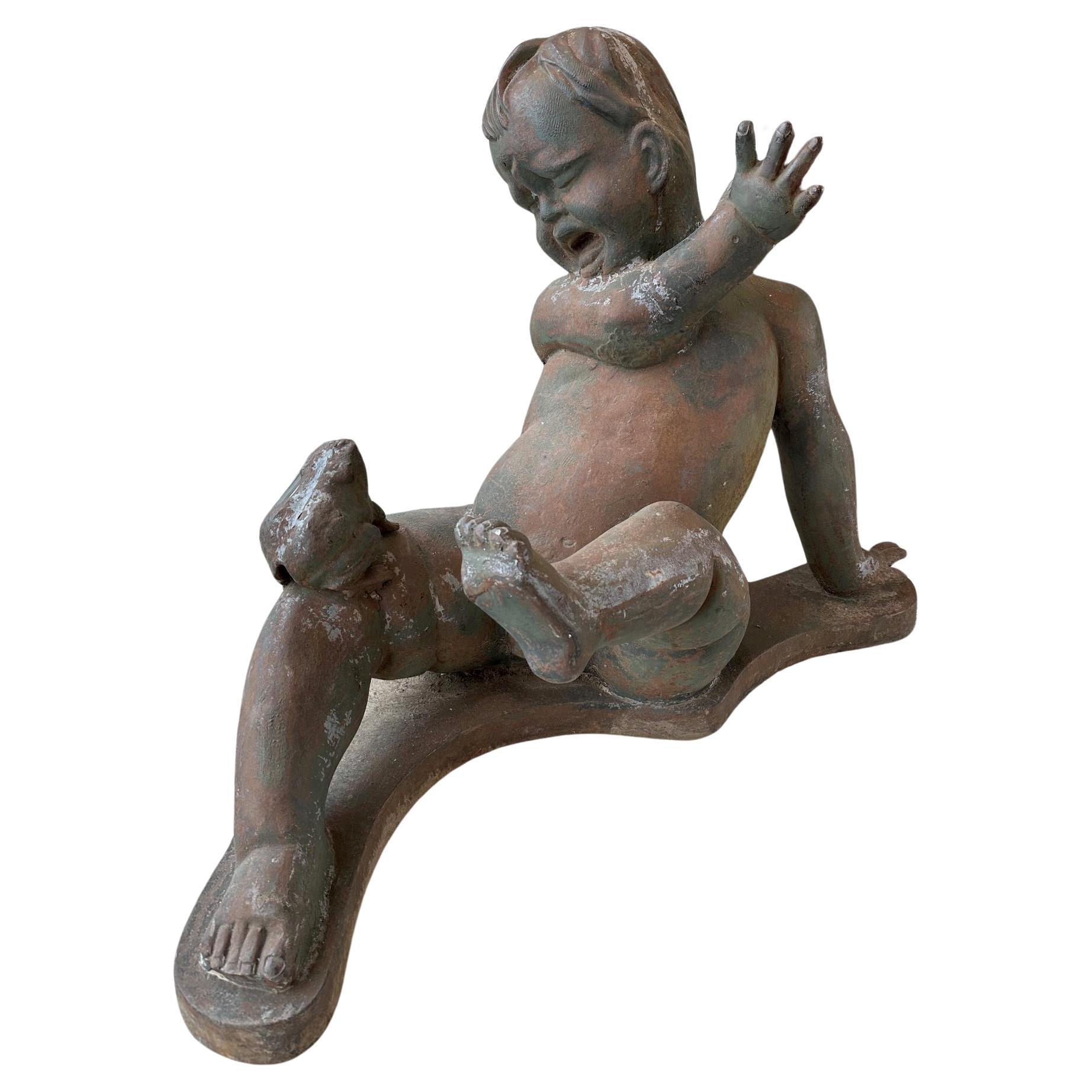 20th century French Garden Ornament Metal Cherub and Frog, 1980s For Sale