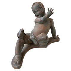 20th century French Garden Ornament Metal Cherub and Frog, 1980s