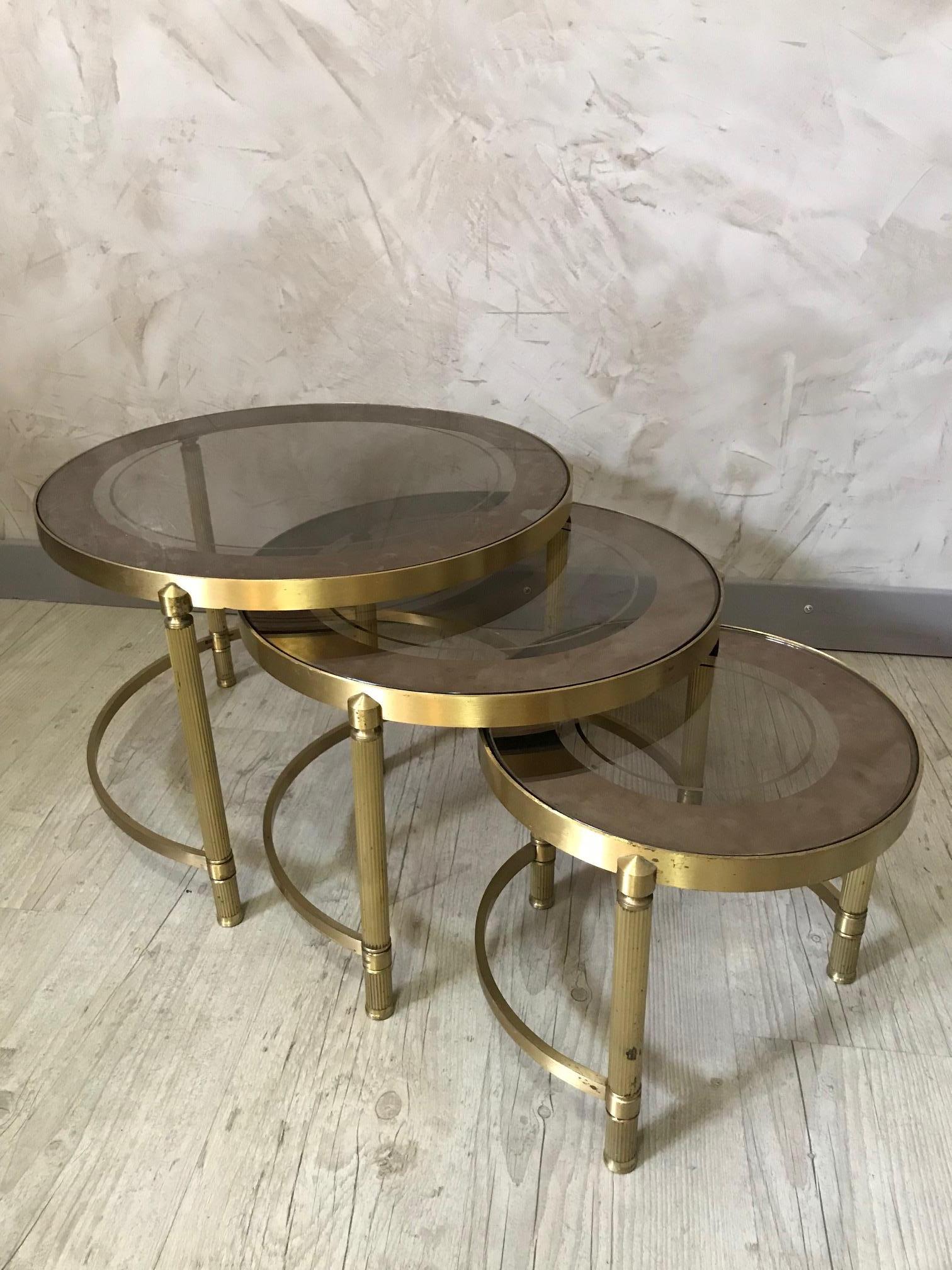 20th Century French Gilded Brass and Mercury Glass Nesting Tables, 1950s 3