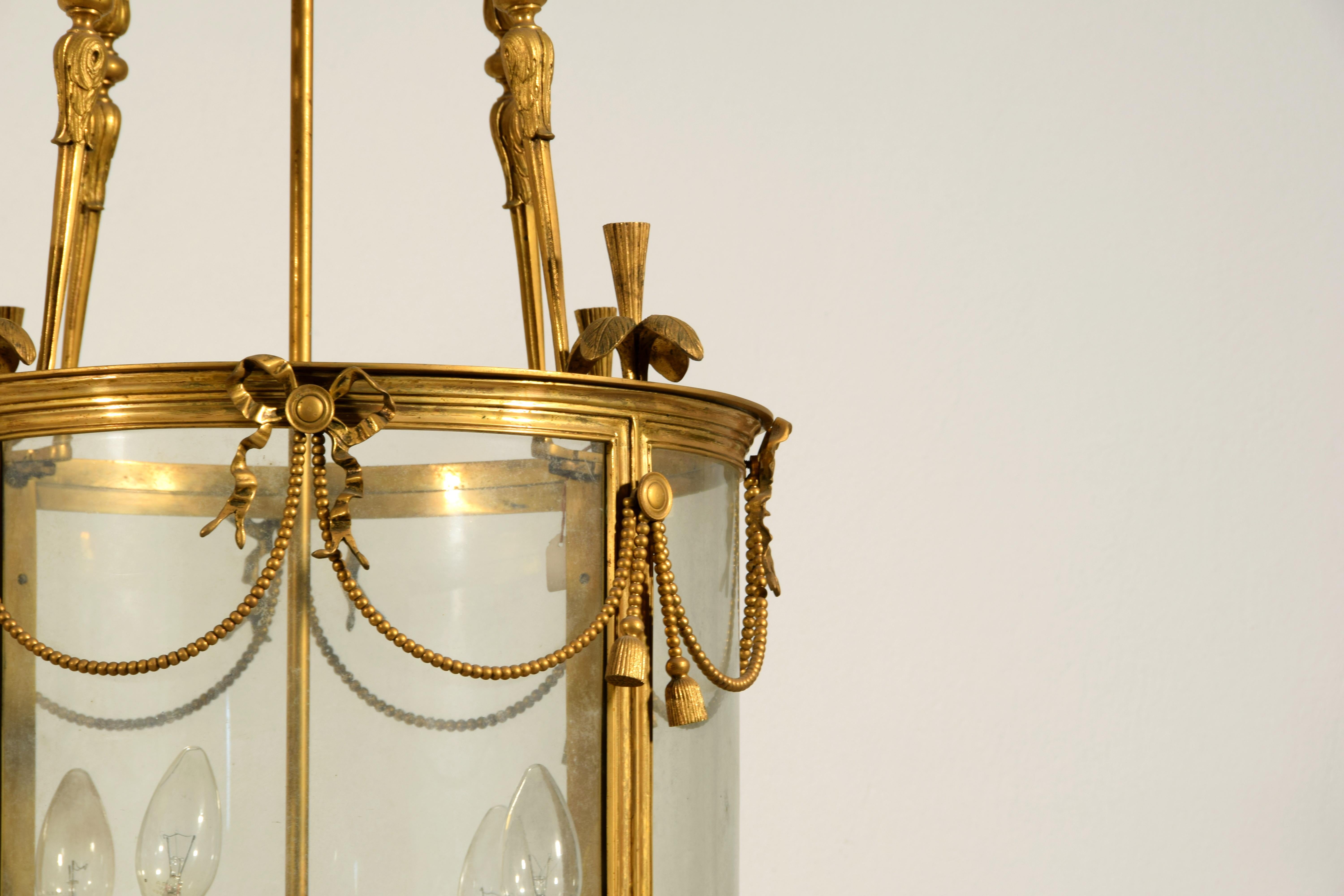 20th century, French Gilt Bronze Four Lights Lantern Chandelier For Sale 6