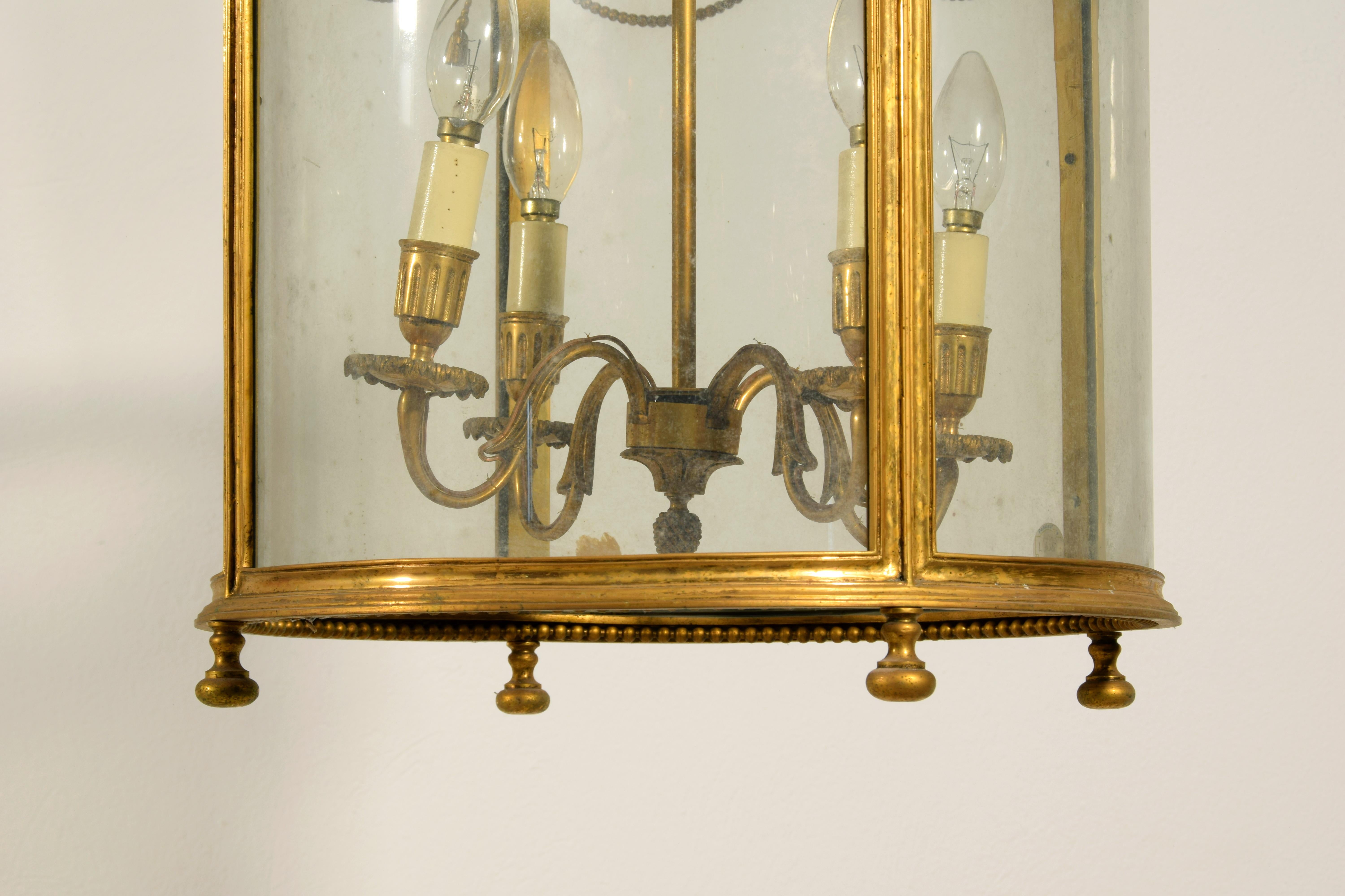 20th century, French Gilt Bronze Four Lights Lantern Chandelier For Sale 7