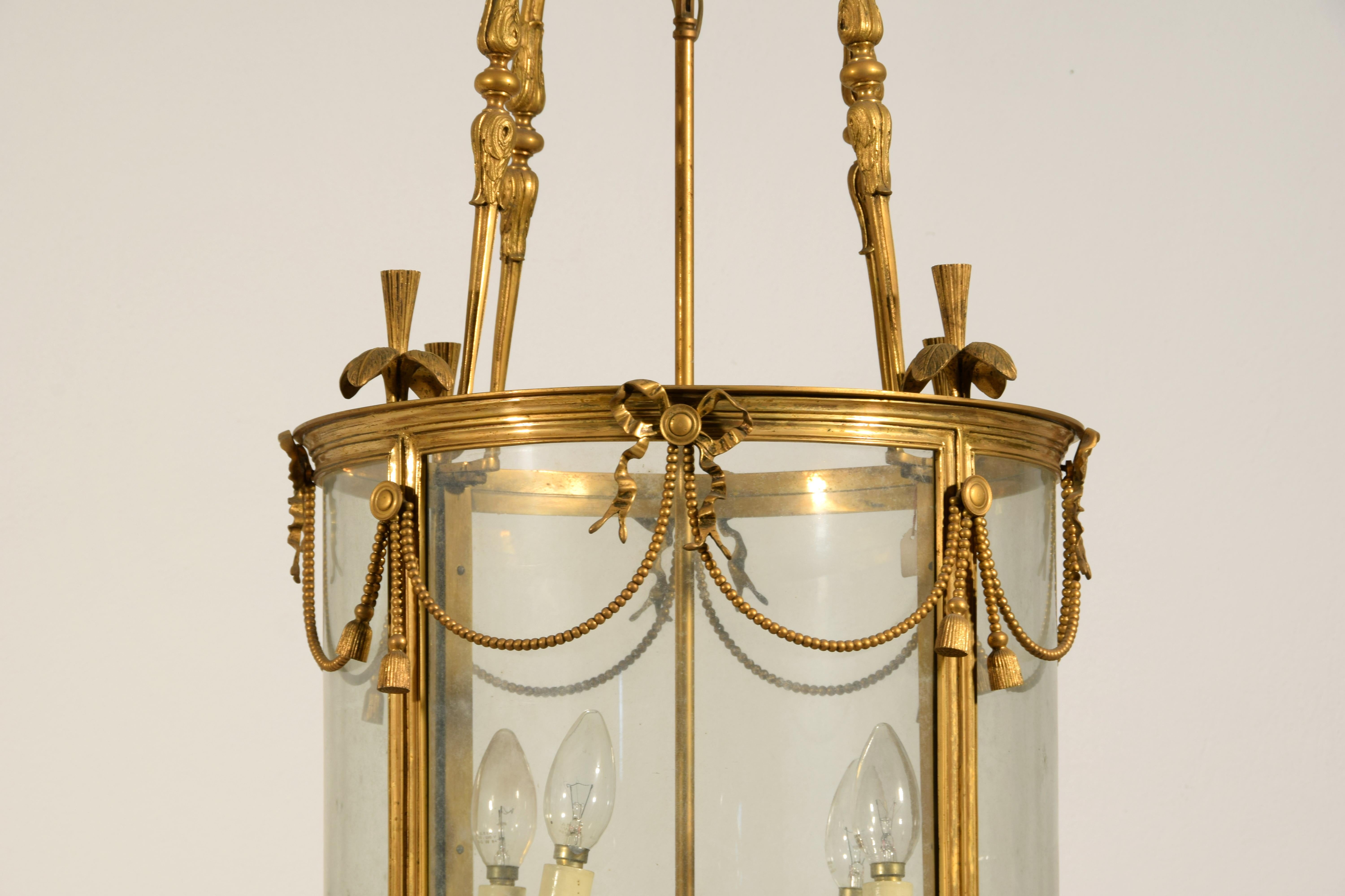20th century, French Gilt Bronze Four Lights Lantern Chandelier For Sale 9