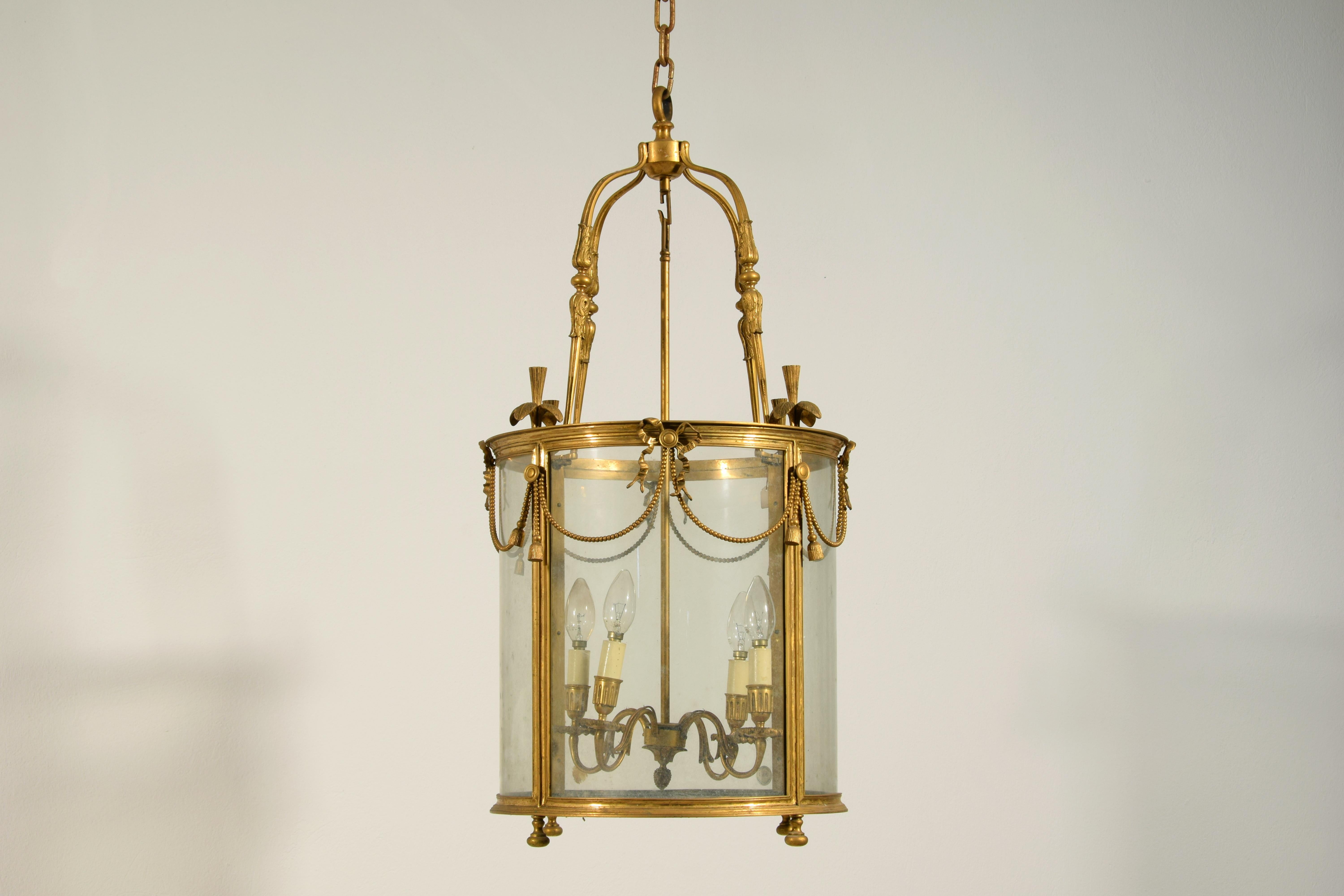 20th century, French Gilt Bronze Four Lights Lantern Chandelier For Sale 10