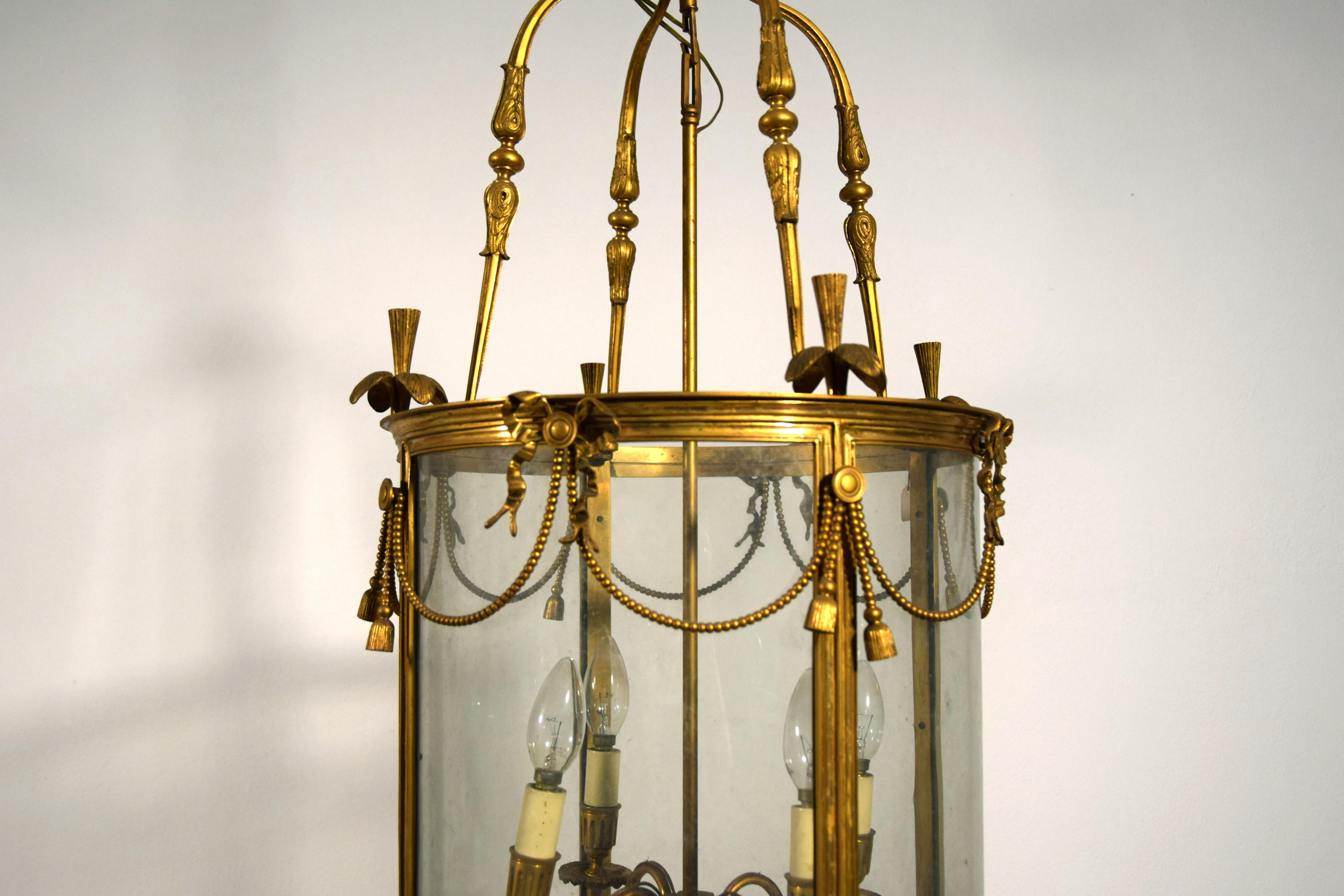 20th century, French Gilt Bronze Four Lights Lantern Chandelier For Sale 11
