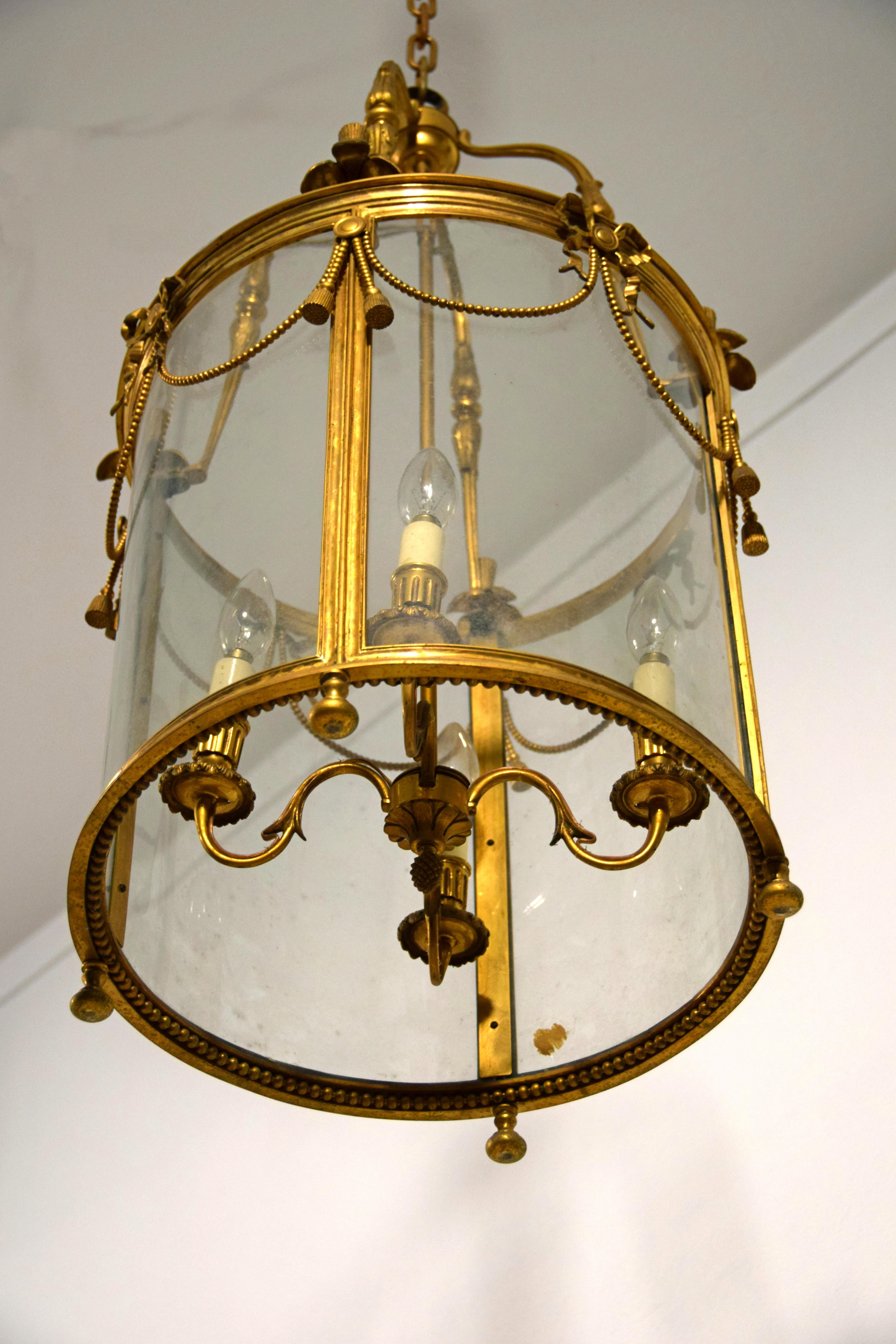 20th century, French Gilt Bronze Four Lights Lantern Chandelier For Sale 12