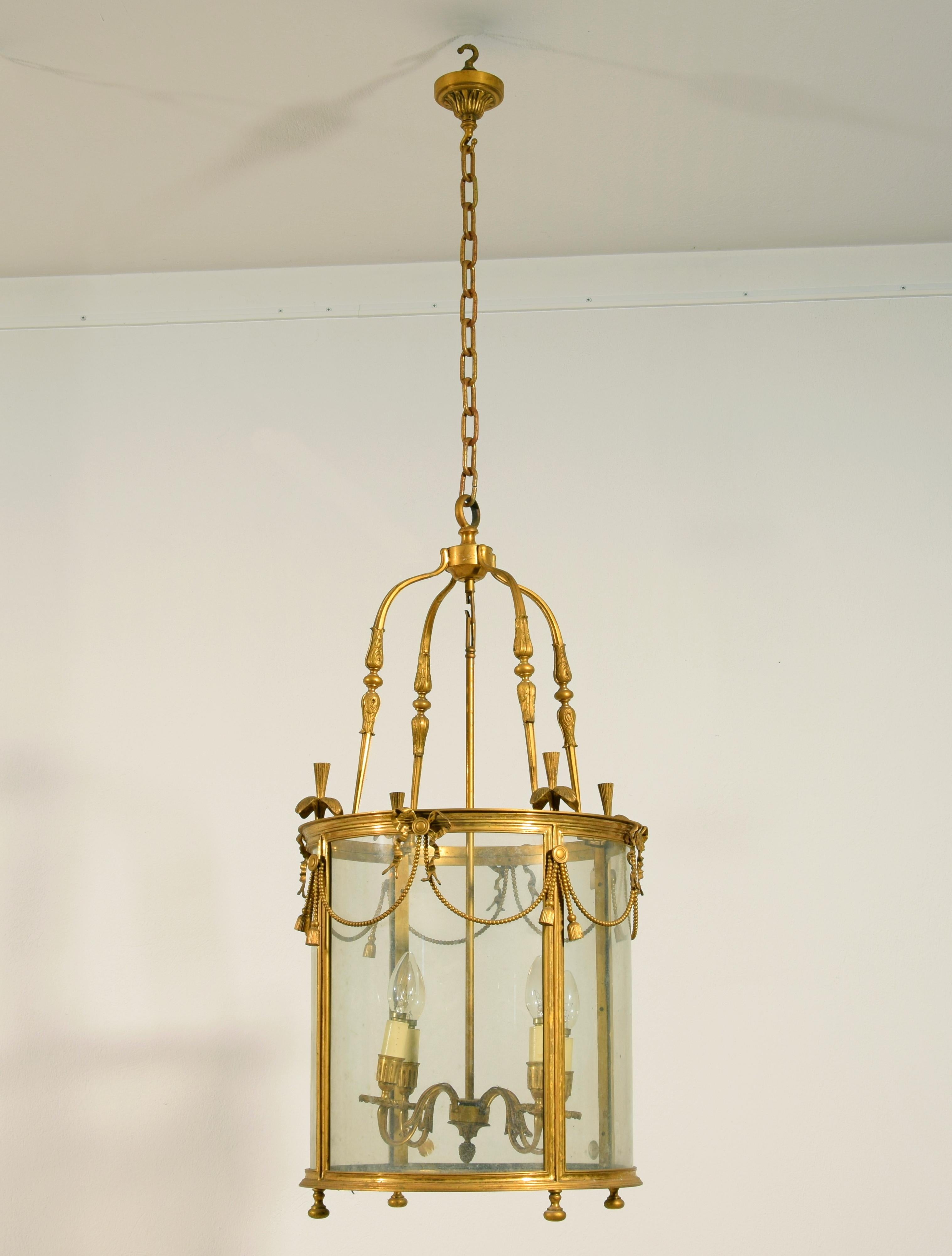 Louis XVI 20th century, French Gilt Bronze Four Lights Lantern Chandelier For Sale
