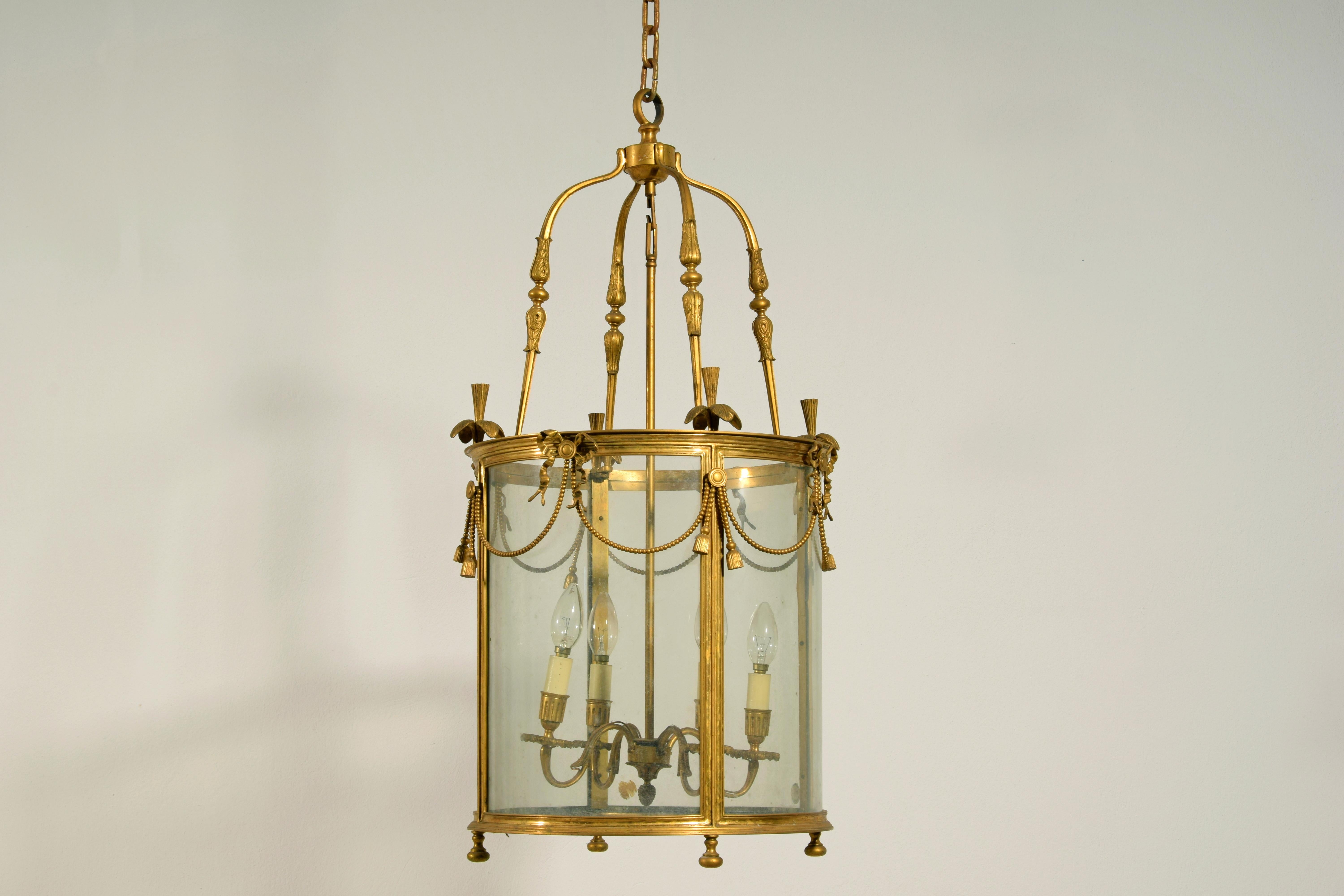 20th Century 20th century, French Gilt Bronze Four Lights Lantern Chandelier For Sale