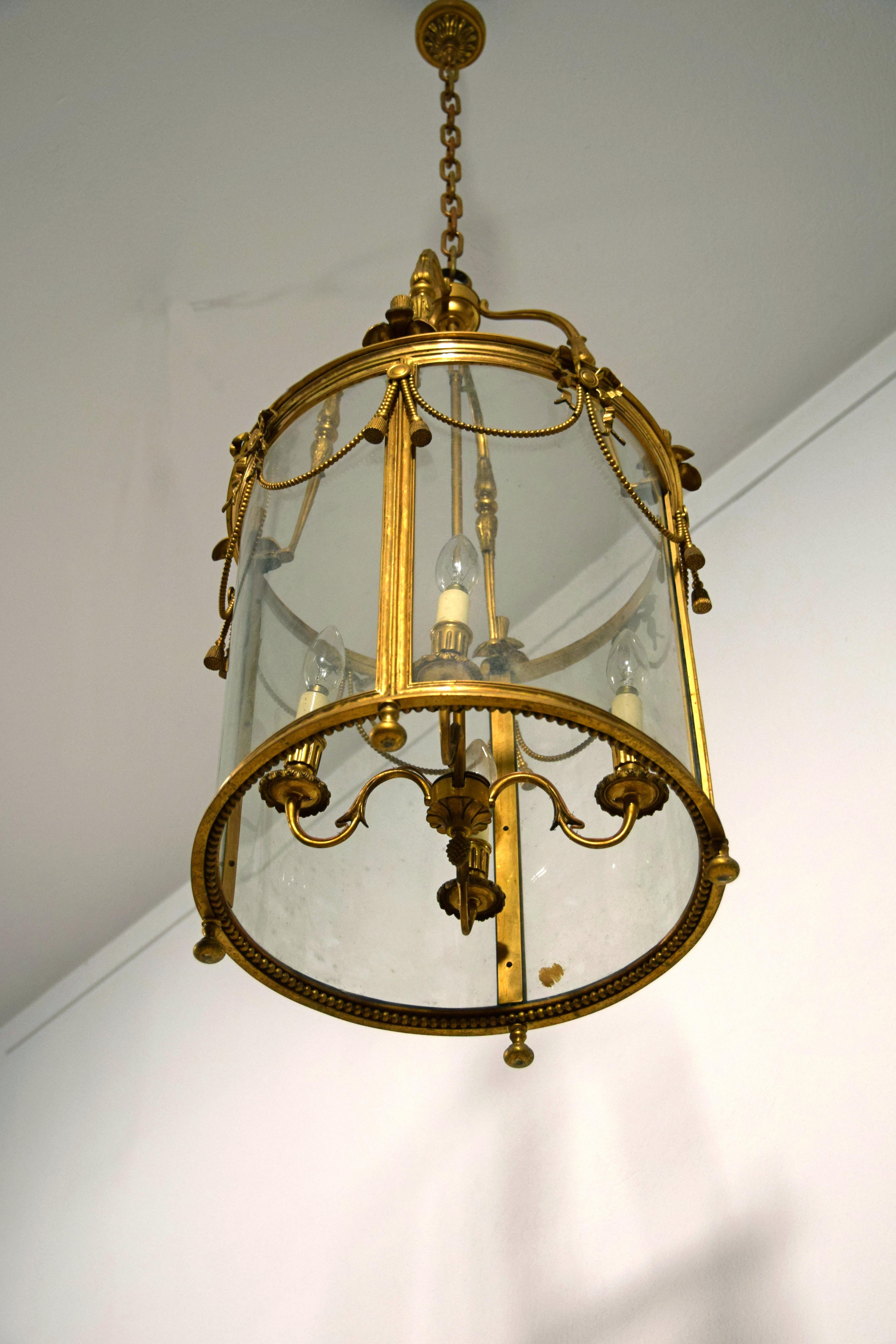 20th century, French Gilt Bronze Four Lights Lantern Chandelier For Sale 1