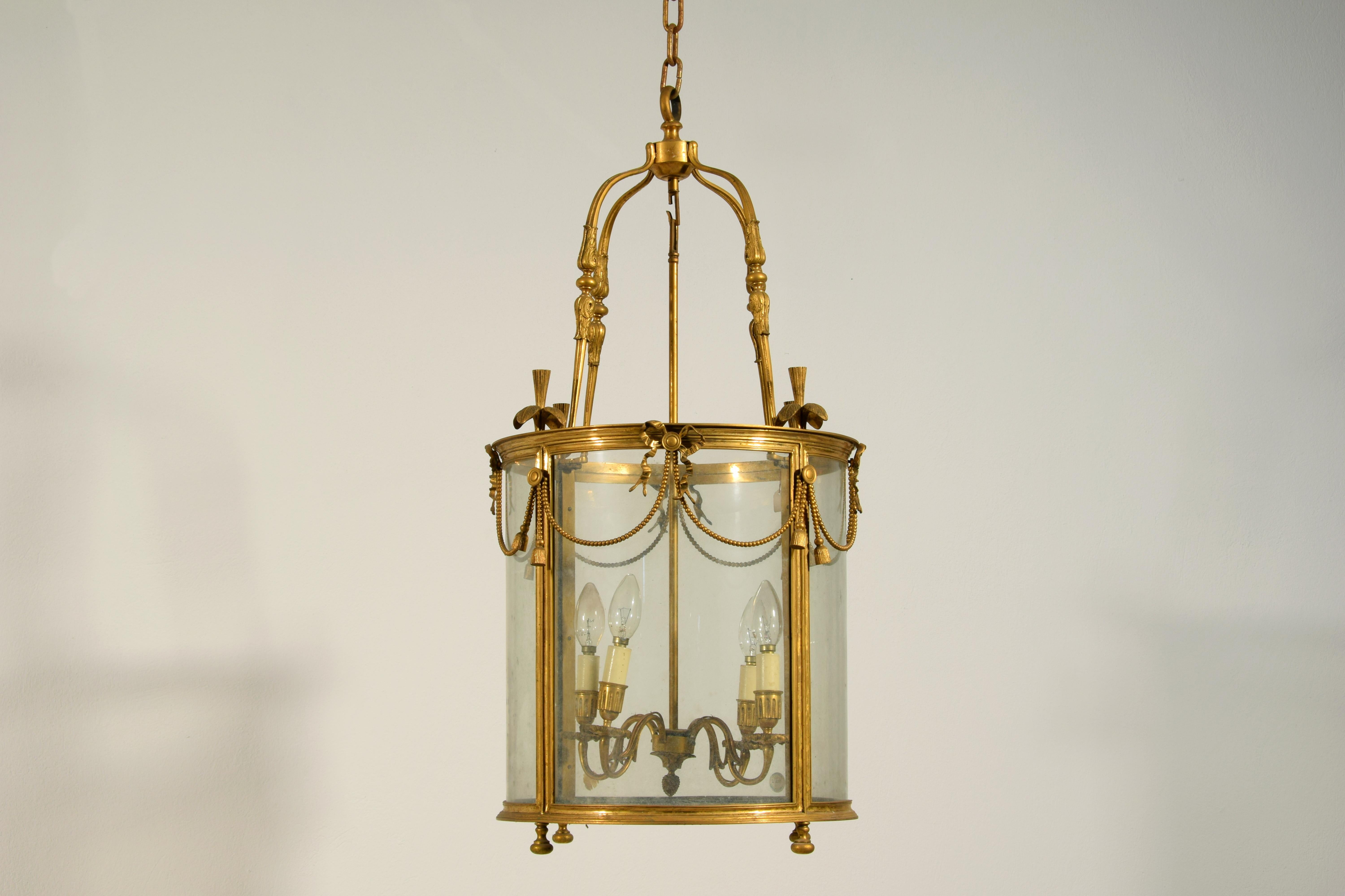 20th century, French Gilt Bronze Four Lights Lantern Chandelier For Sale 2