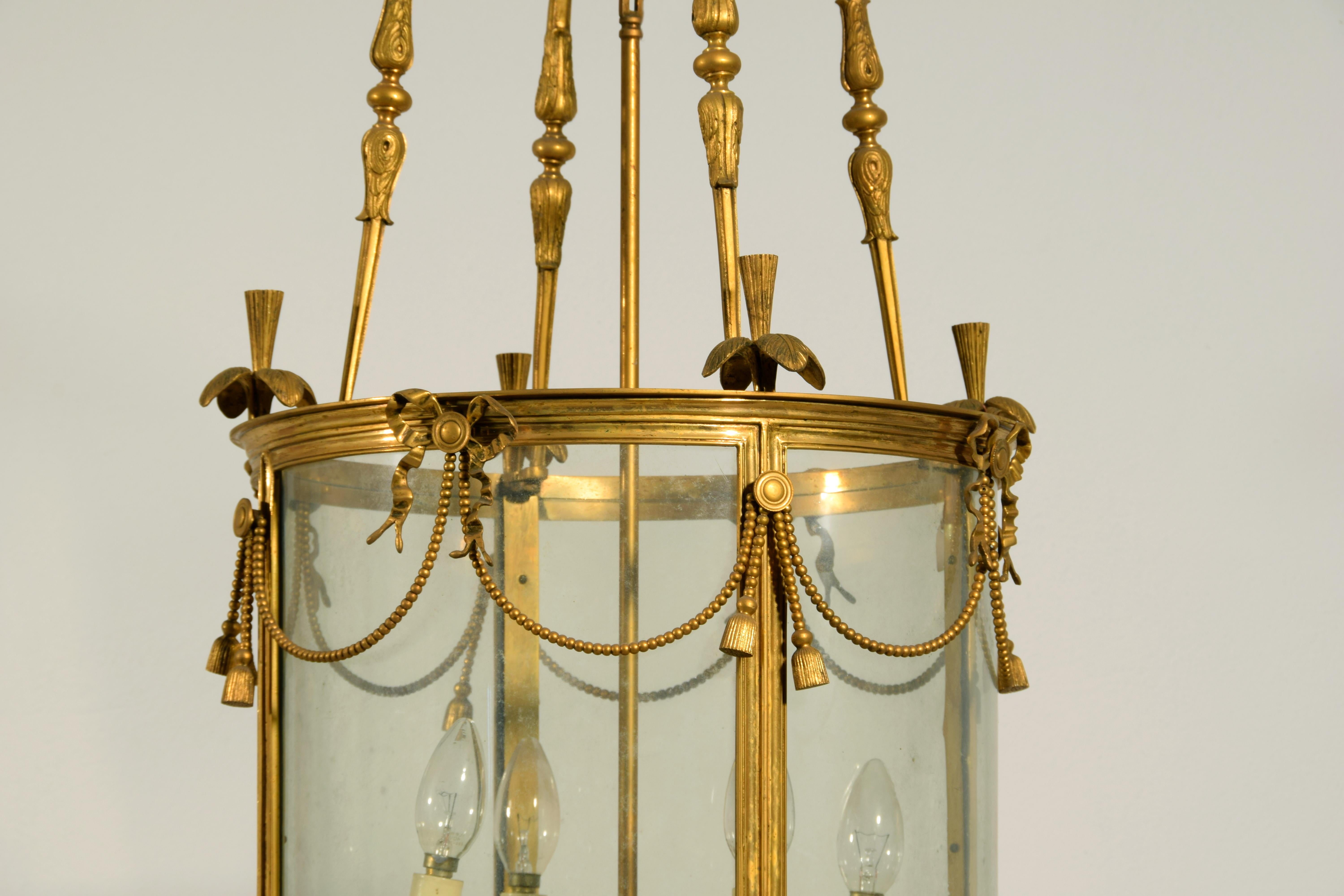 20th century, French Gilt Bronze Four Lights Lantern Chandelier For Sale 3