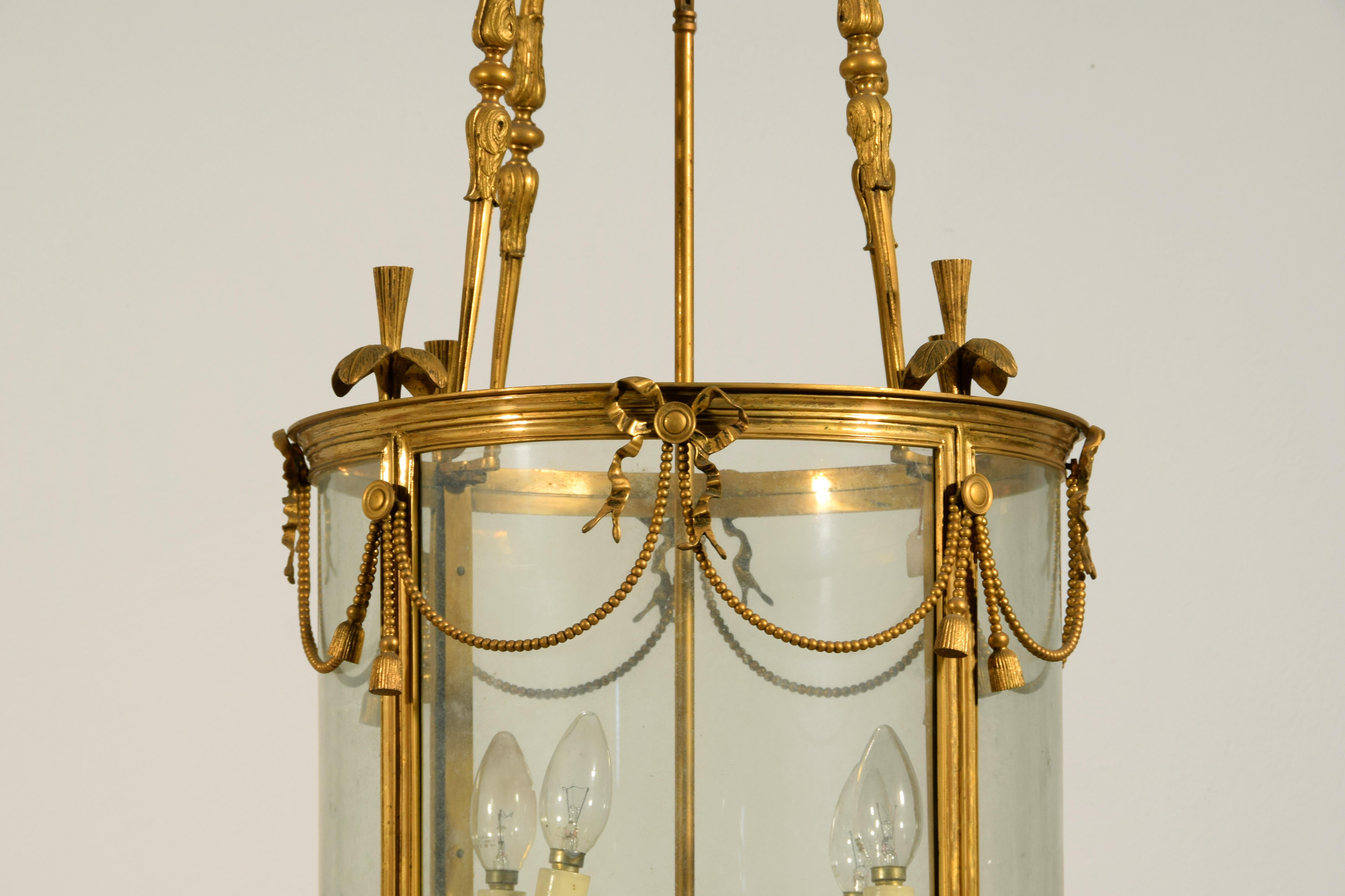 20th century, French Gilt Bronze Four Lights Lantern Chandelier For Sale 5