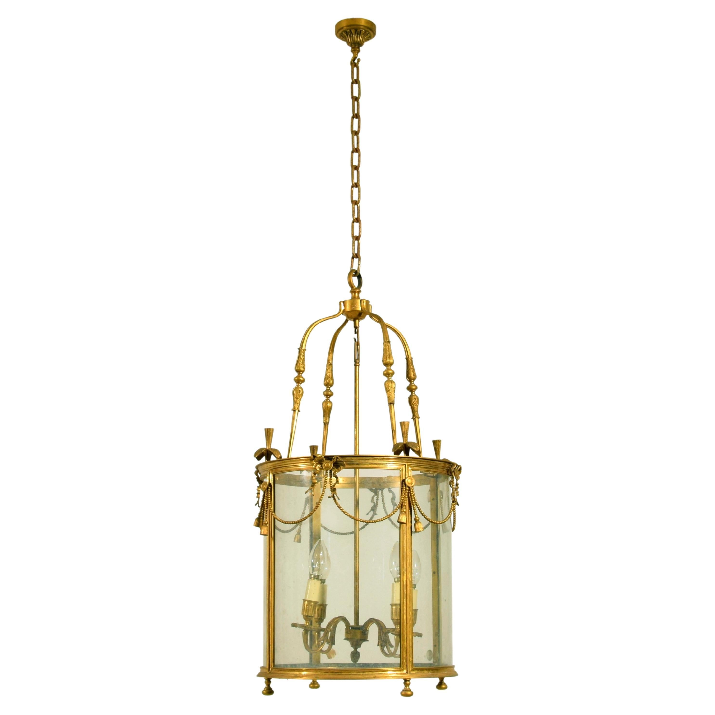 20th century, French Gilt Bronze Four Lights Lantern Chandelier For Sale