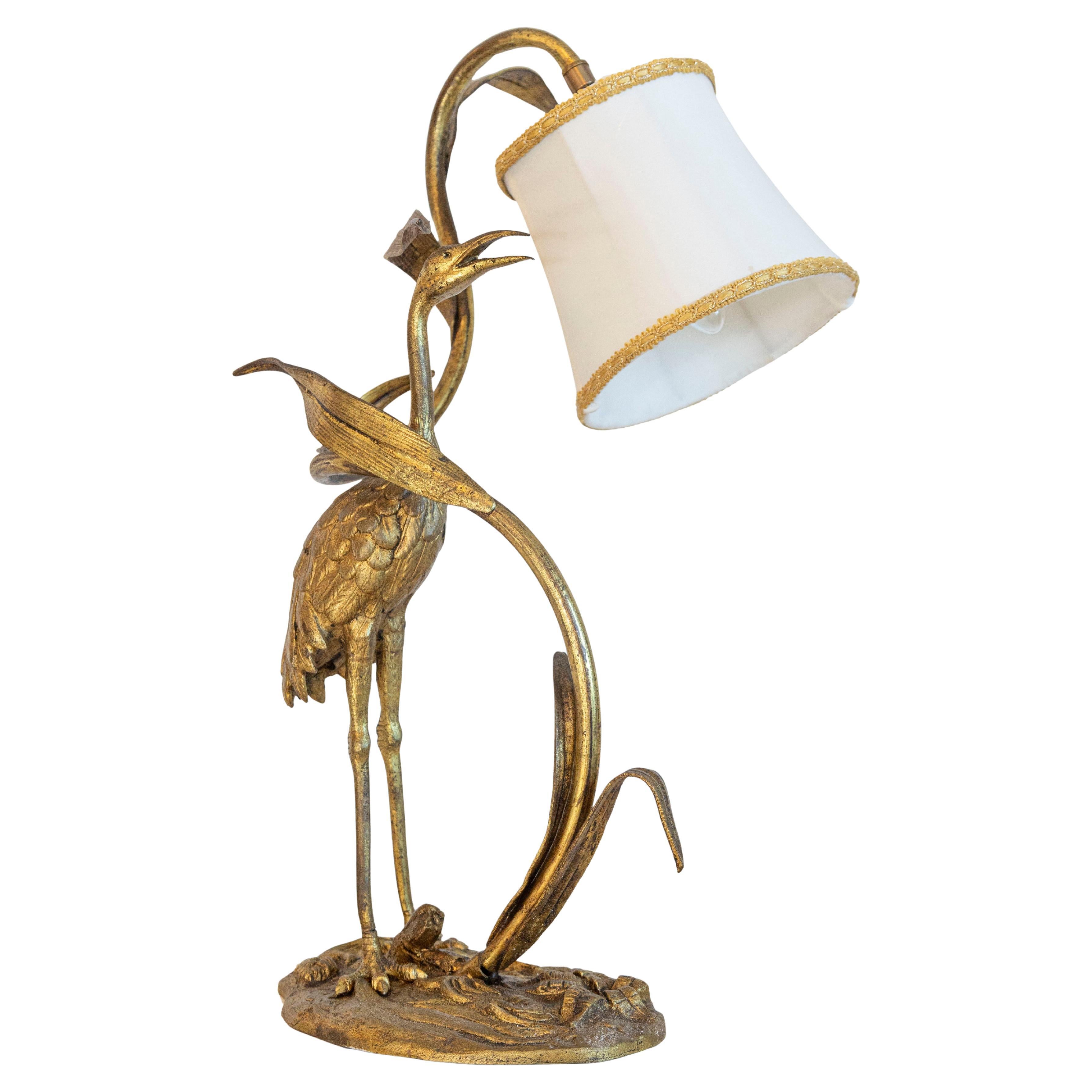Lampe héron française du 20e siècle avec motif de feuilles et abat-jour en soie