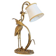 20th Century French Gilt Bronze Heron Lamp with Leaf Motif and Silk Shade