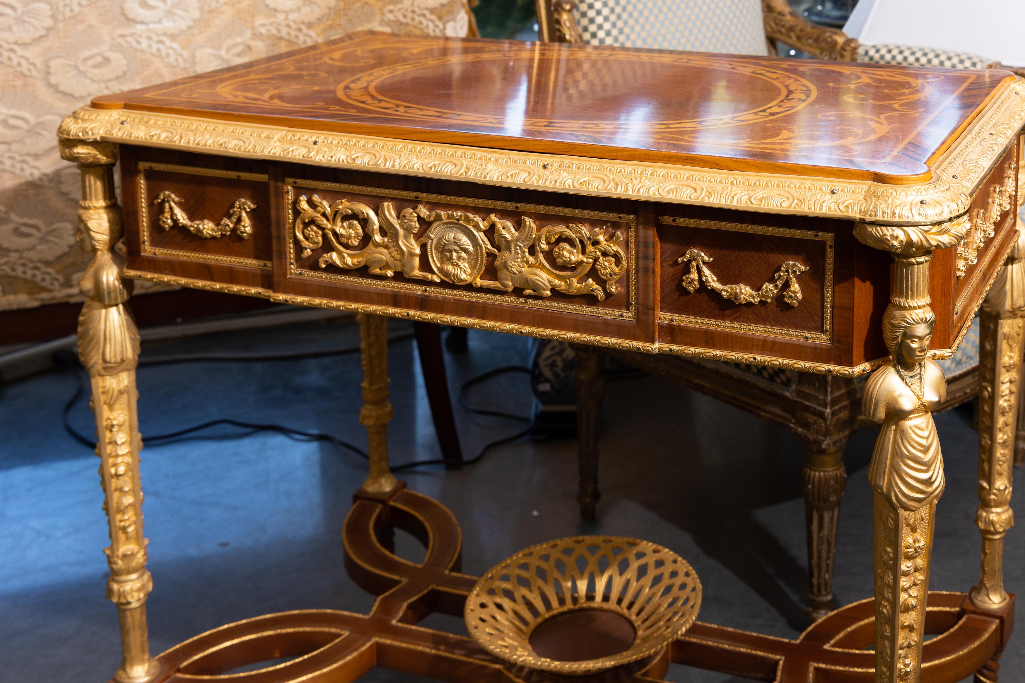 Unknown 20th Century French Gilt Bronze Marquetry Table For Sale