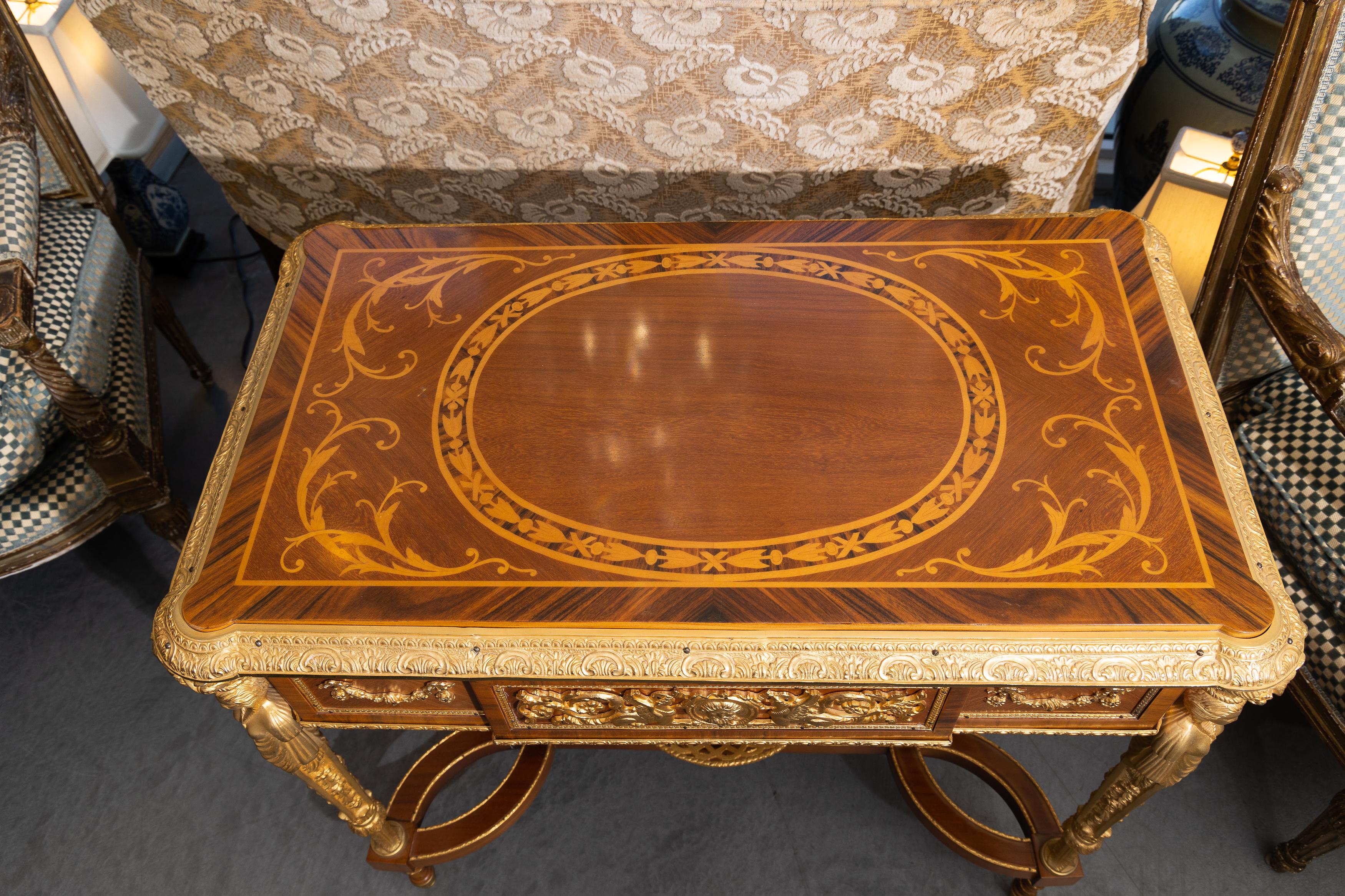 20th Century French Gilt Bronze Marquetry Table For Sale 3