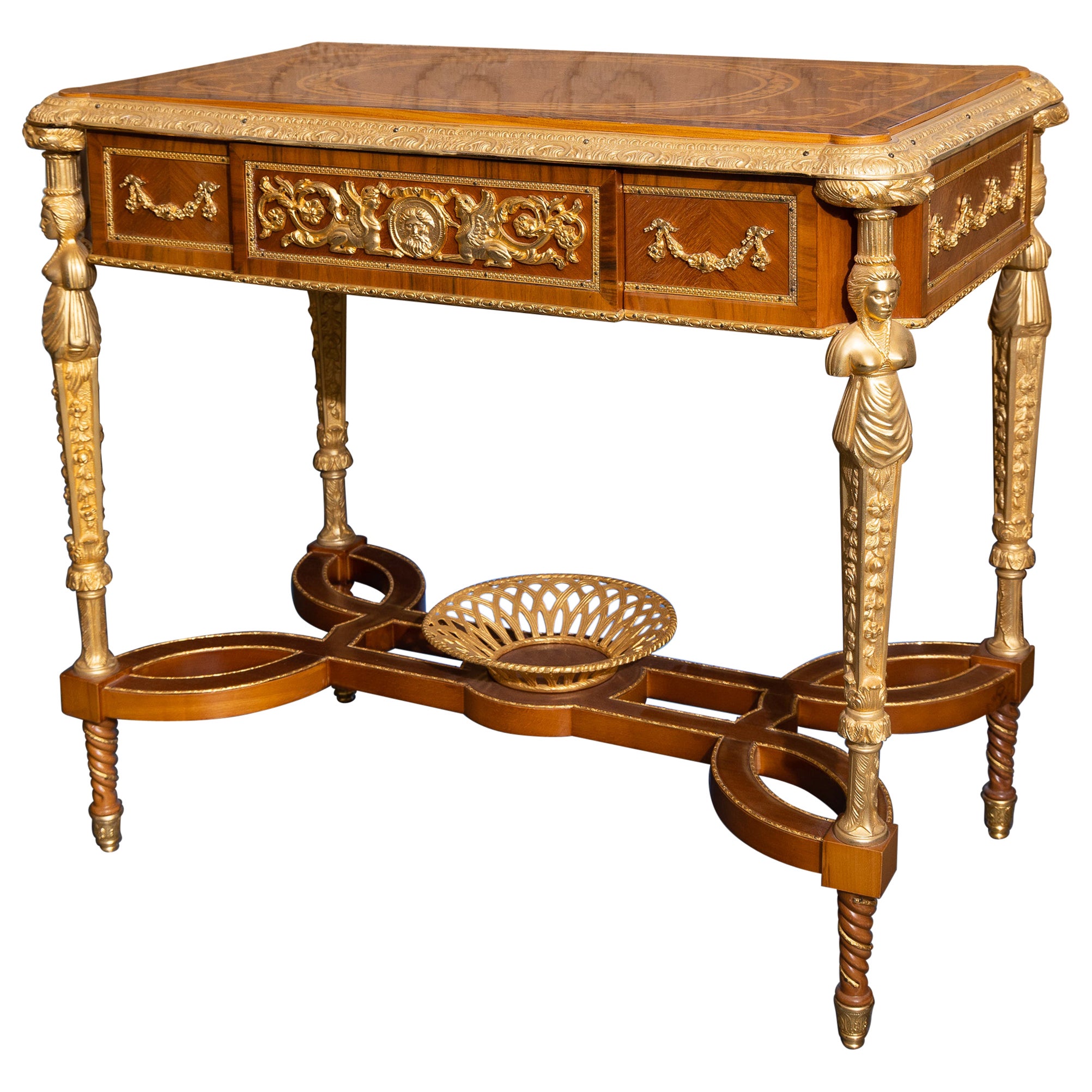 20th Century French Gilt Bronze Marquetry Table