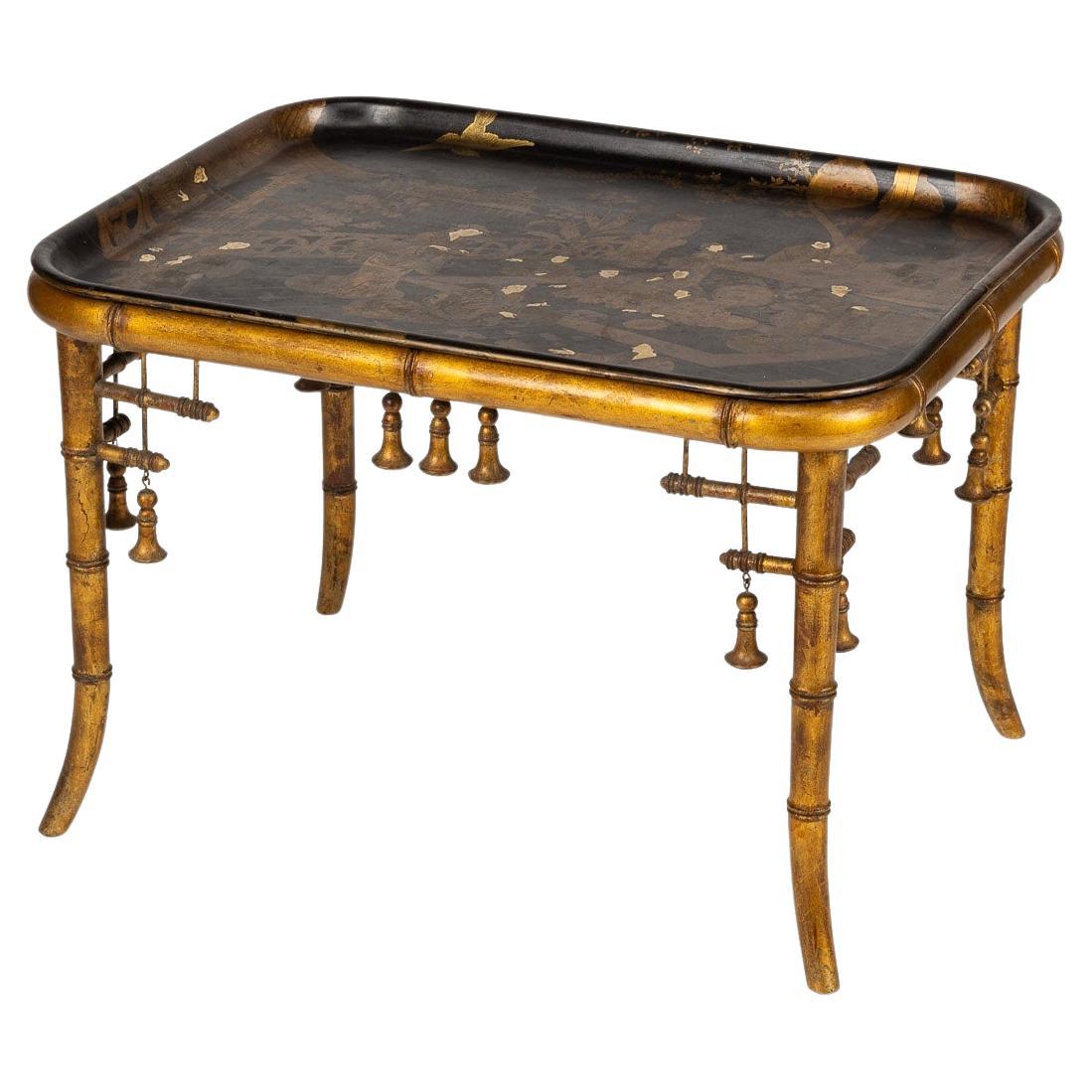 20th Century French Giltwood & Japanese Style Lacquer Table with Tray, C.1880 For Sale