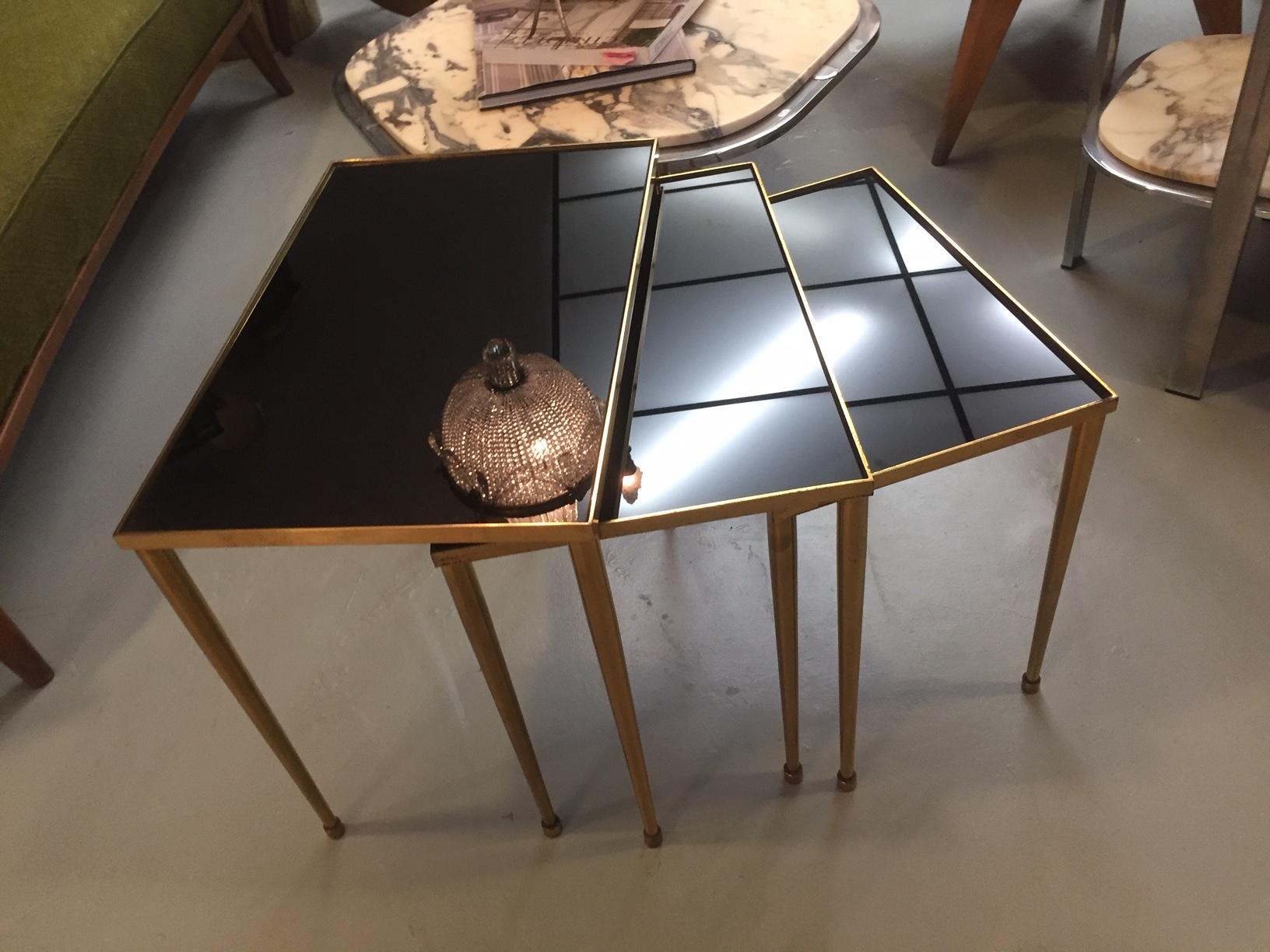 20th Century, French Gilted Brass Side Table Set, 1950s In Good Condition In LEGNY, FR