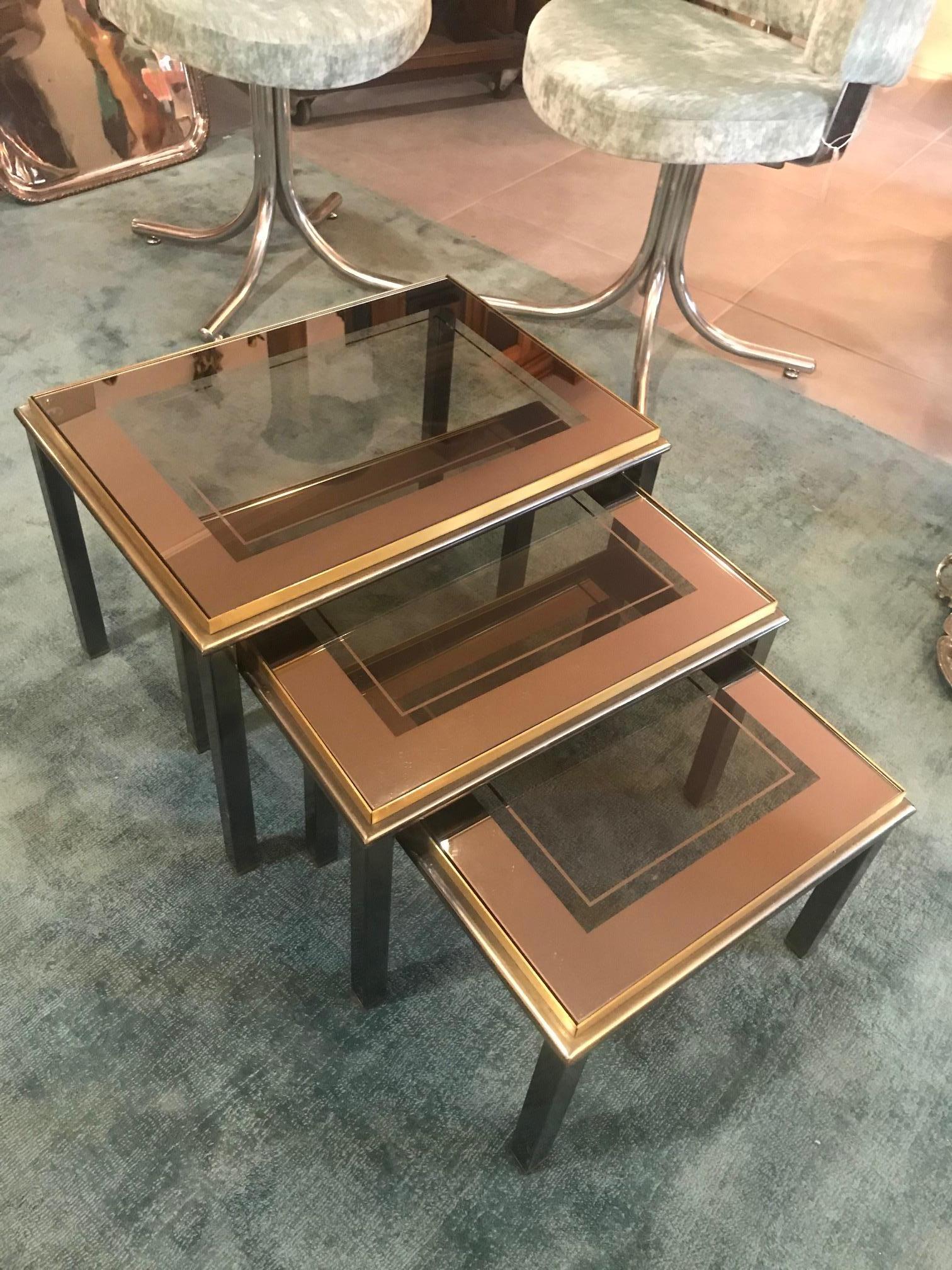 Gilt 20th Century French Glass and Brass Nesting Tables, 1950s