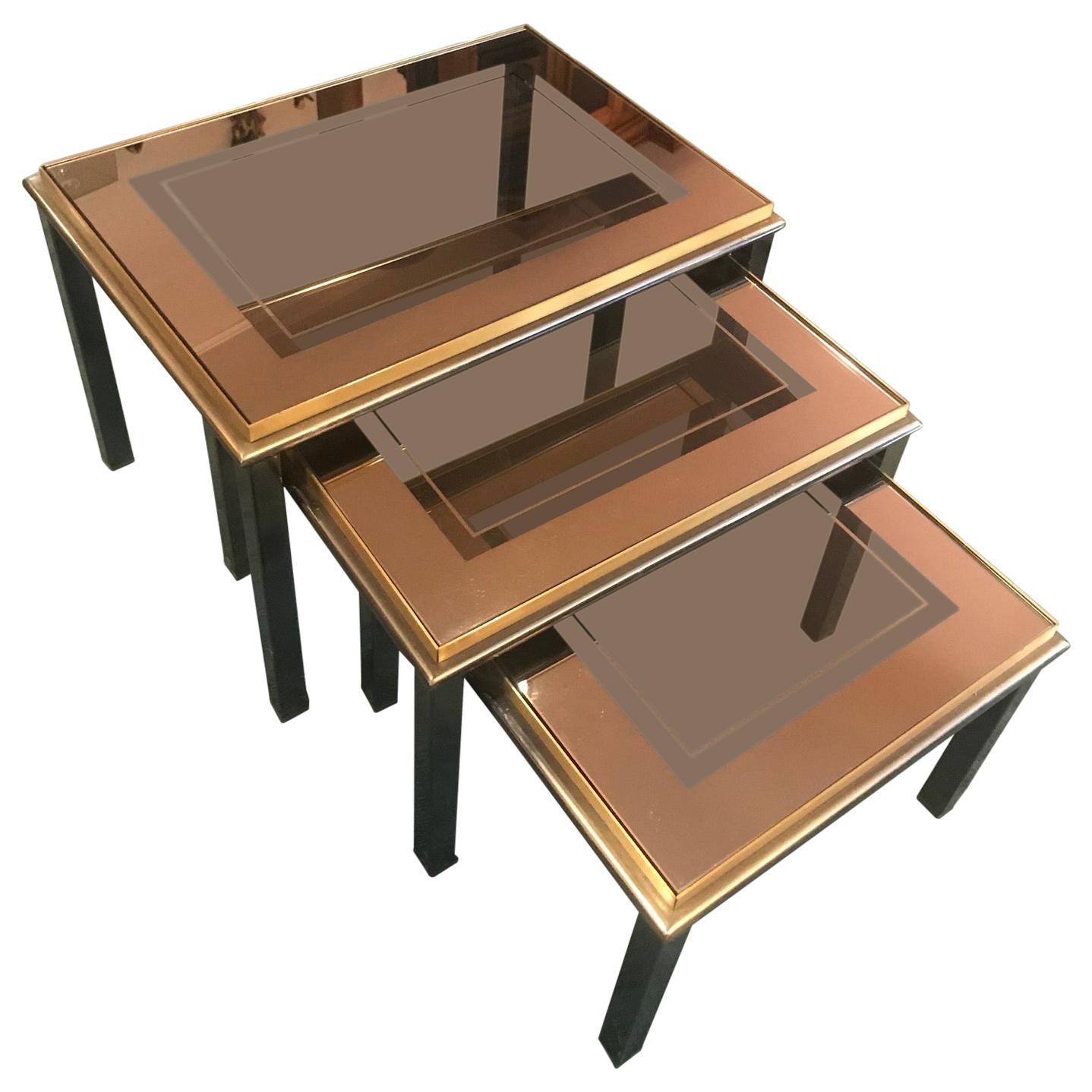 20th Century French Glass and Brass Nesting Tables, 1950s