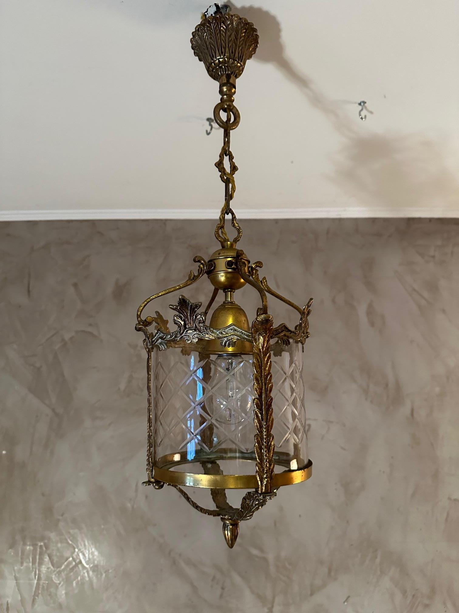 20th century French Glass and Bronze Pendant In Good Condition For Sale In LEGNY, FR