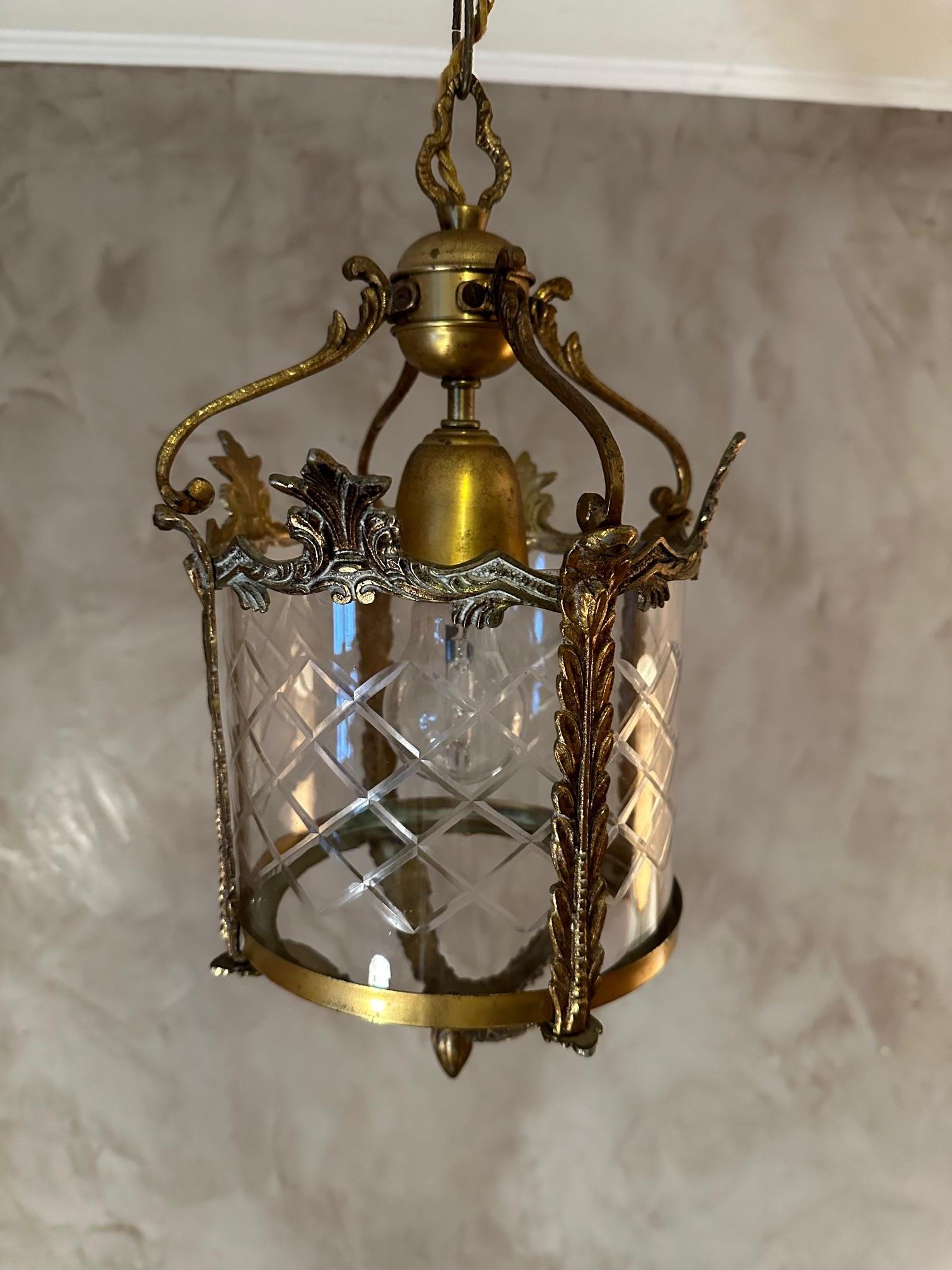 20th century French Glass and Bronze Pendant For Sale 1