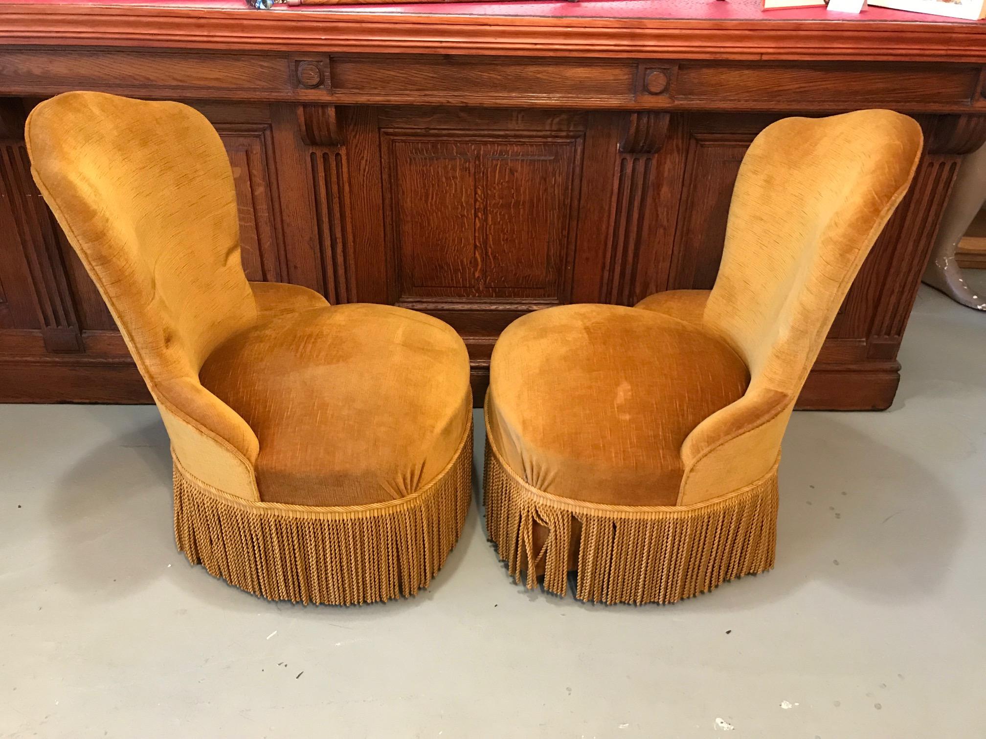 Velvet 20th Century French Golden Fabric Pair of Armless Chair, 1950s