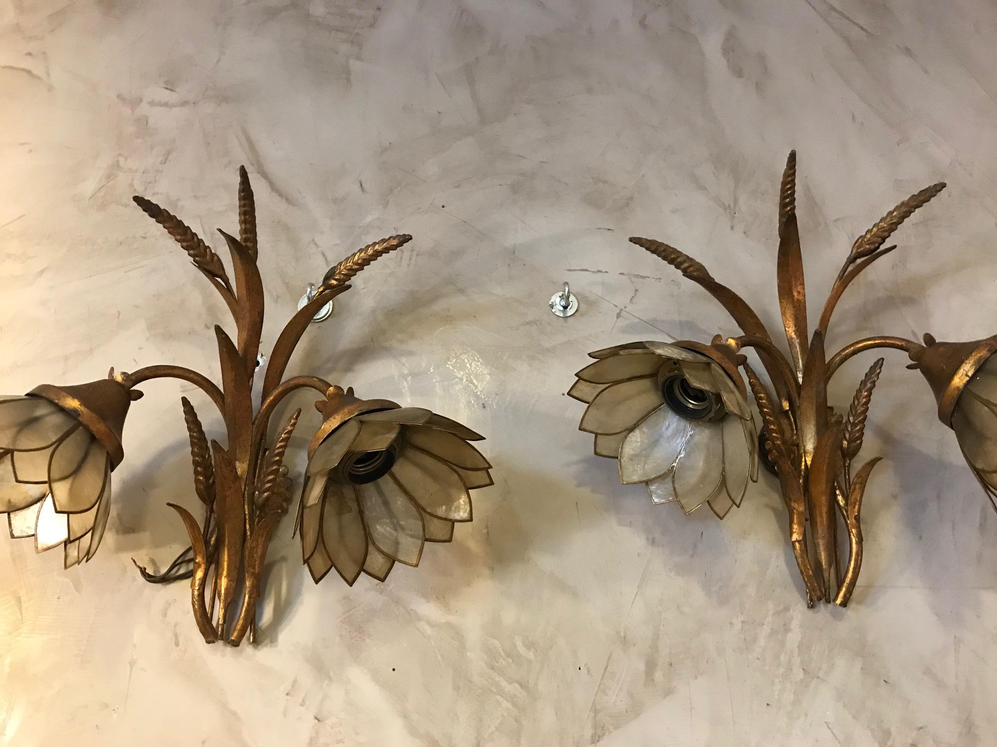 20th Century French Golden Metal and Mother of Pearl Wall Lights, 1980s  For Sale 6