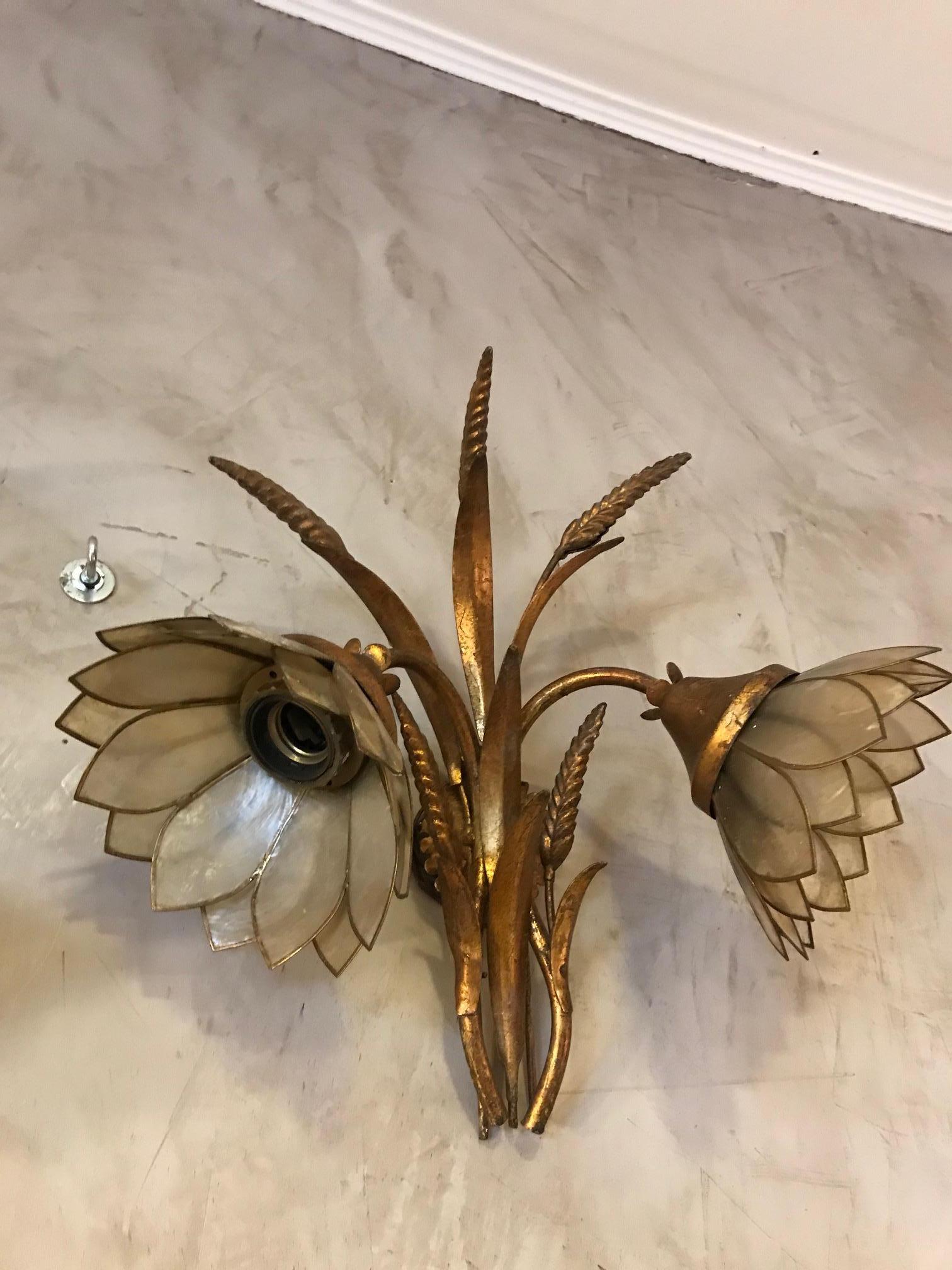 20th Century French Golden Metal and Mother of Pearl Wall Lights, 1980s  In Good Condition For Sale In LEGNY, FR