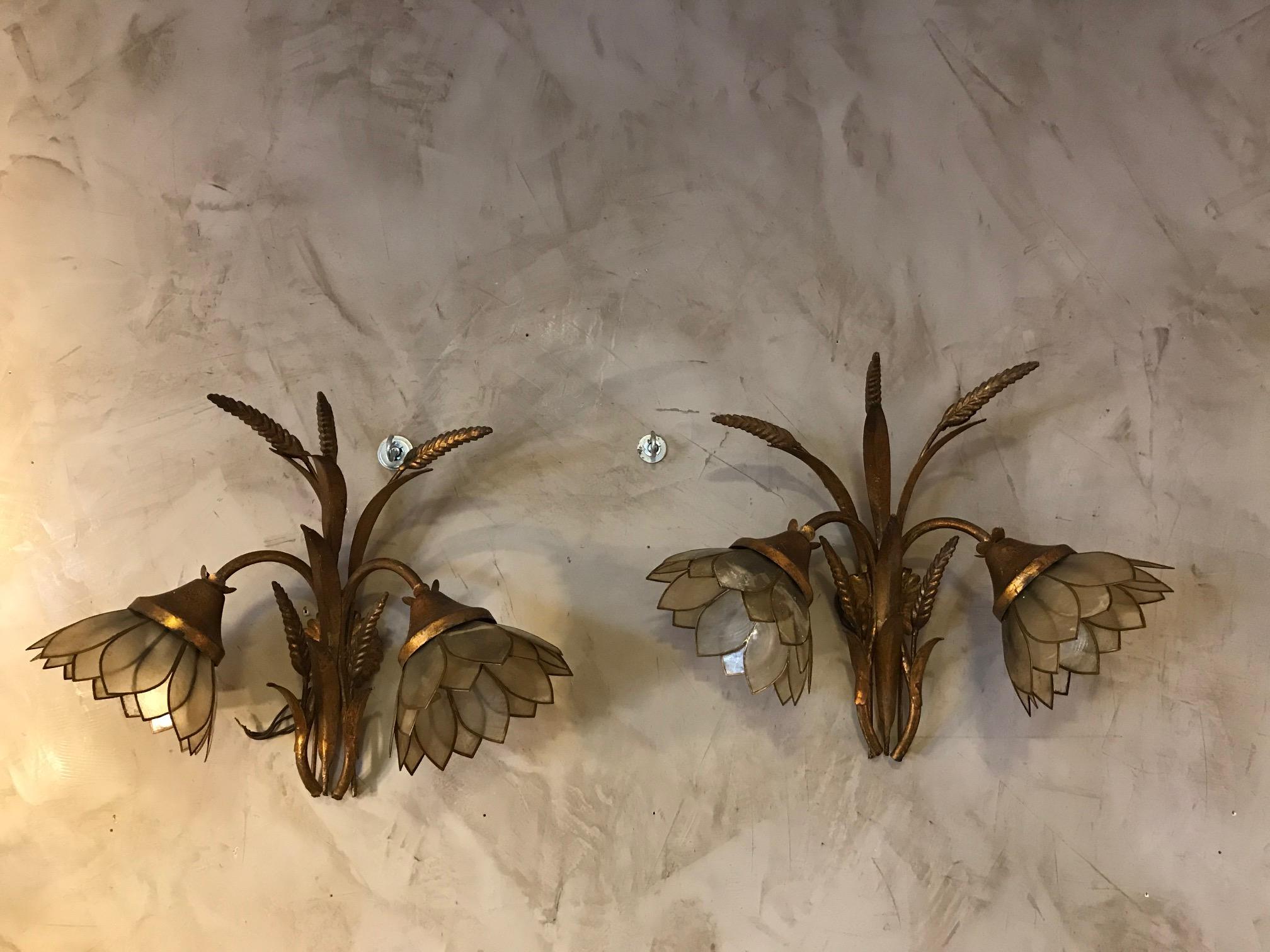 Late 20th Century 20th Century French Golden Metal and Mother of Pearl Wall Lights, 1980s  For Sale